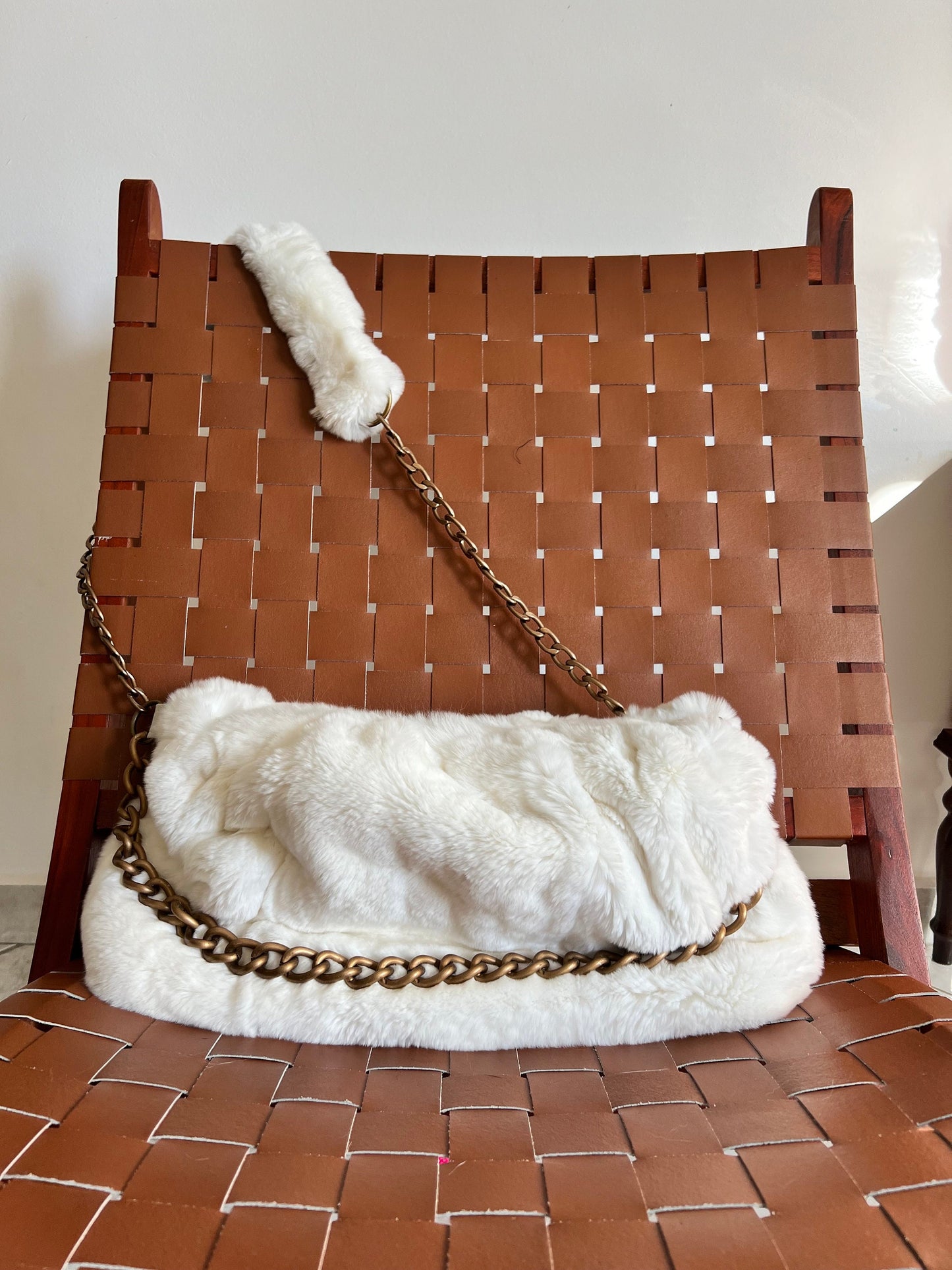Handmade Rex Rabbit Fur Pouch Bag: White Slouchy Shoulder Bag
