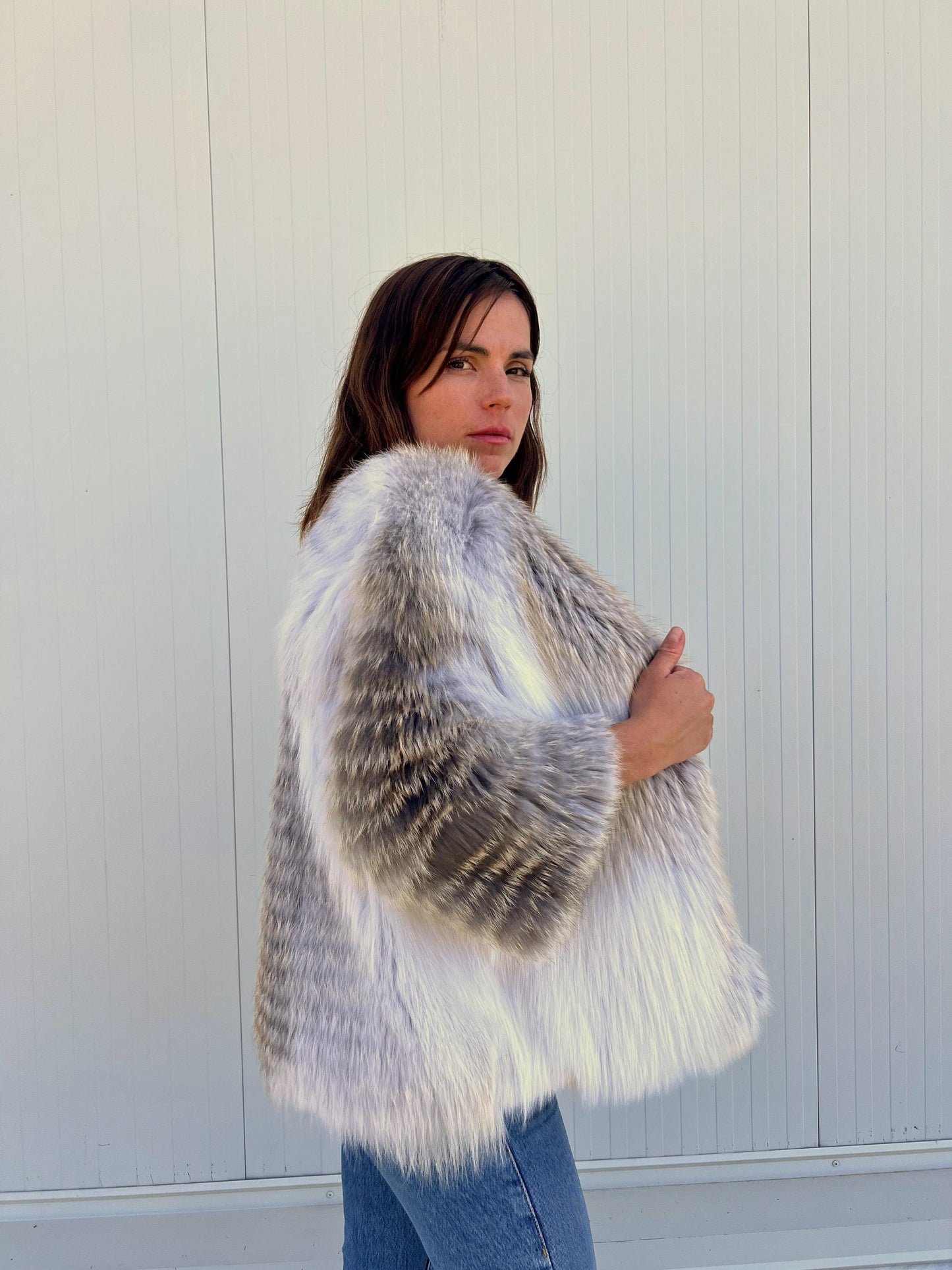 Handmade Fox Fur Jacket: White & Grey Lightweight Fluffy Coat