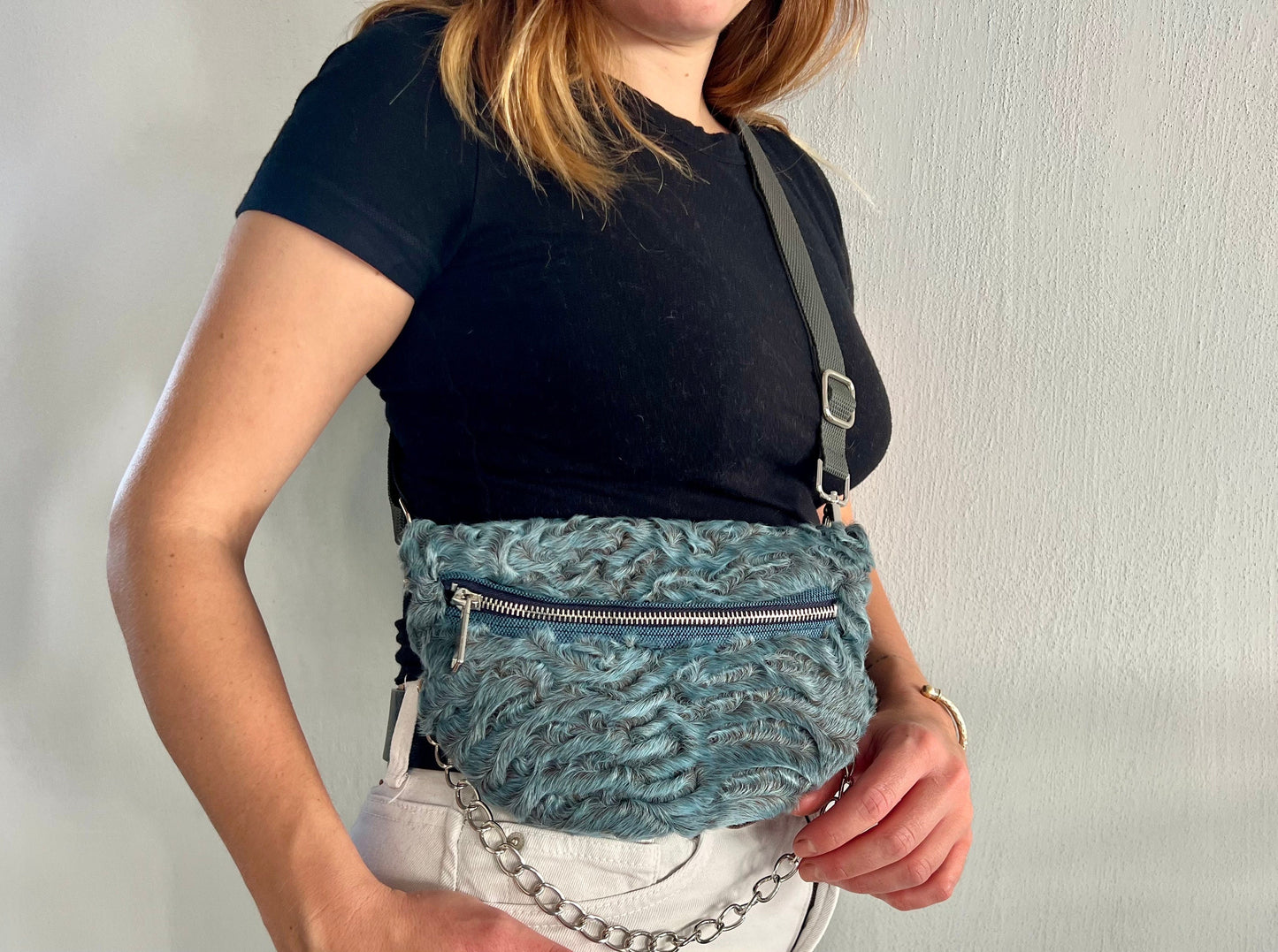 Gray Mink Fur Bumbag with Chain: Handmade Leather Fanny Pack