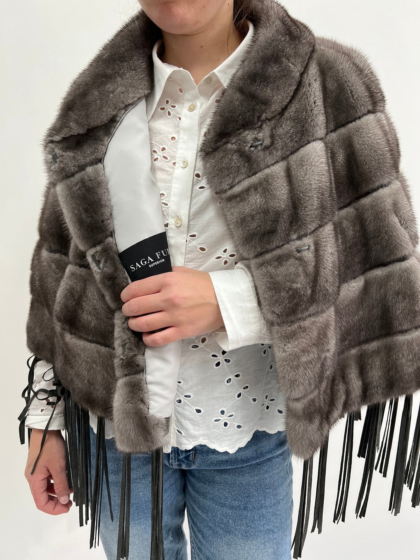 Grey Mink Fur Poncho: Leather Tassel Cape - Saga Blue Iris