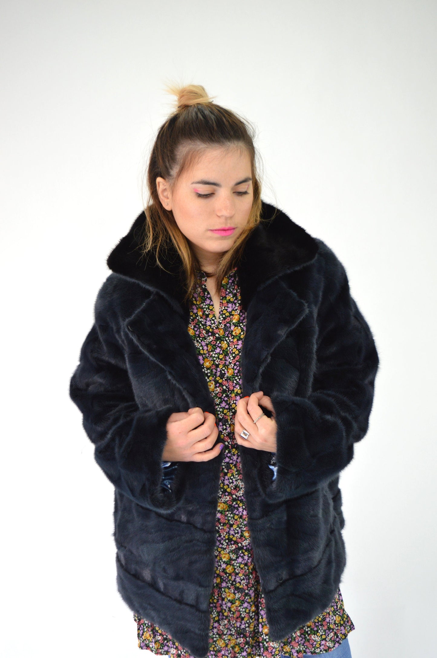 Navy Blue Mink Fur Stroller Coat: Black Collar, Luxury Gift