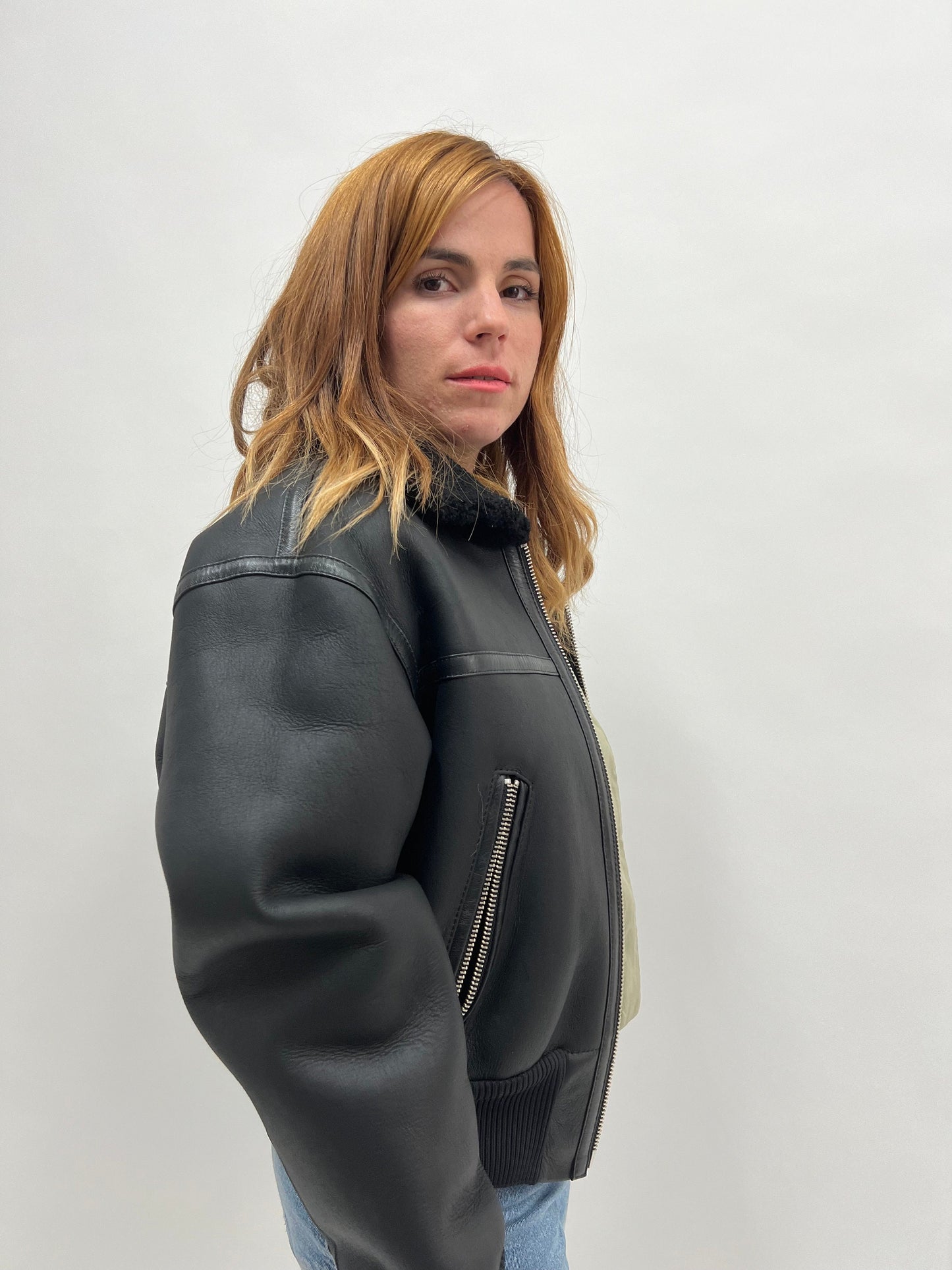 Black Shearling Fur Bomber Jacket: Nappa Leather Trim, Handmade in Greece