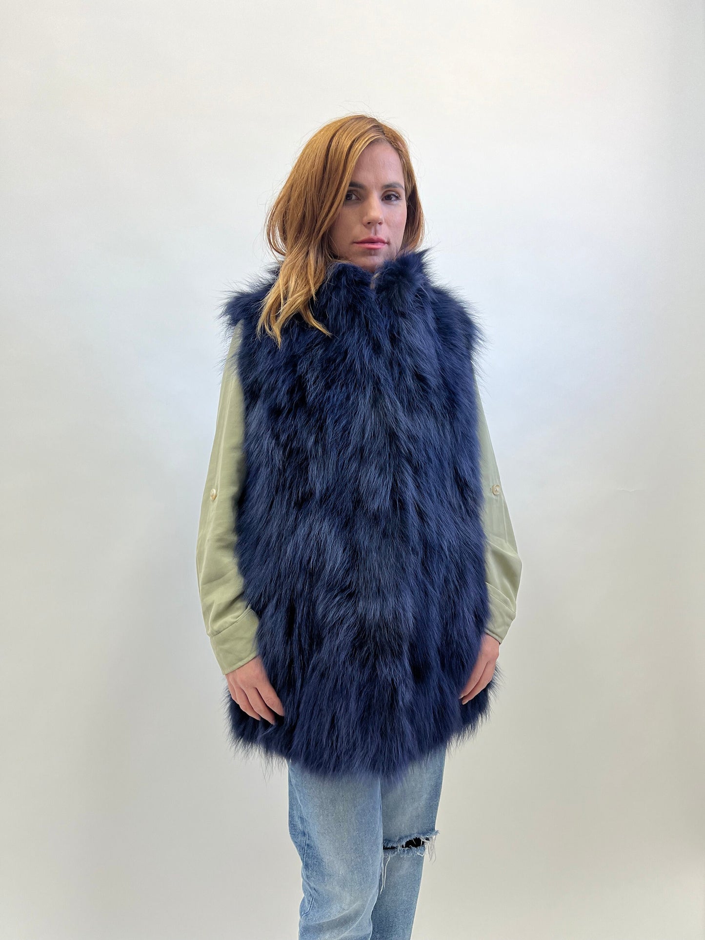 Denim Blue Fox Fur Vest: Women's Winter Genuine Fur Jacket
