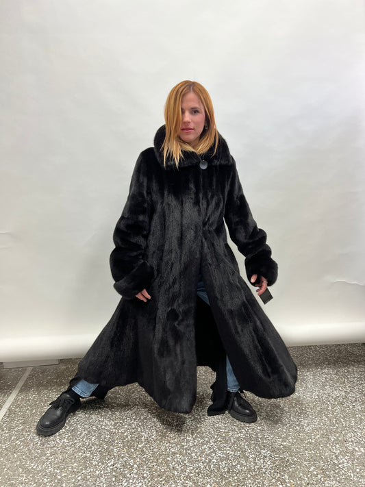Handmade Black Mink Fur Long Coat: Godet Style, Adjustable Cuffs