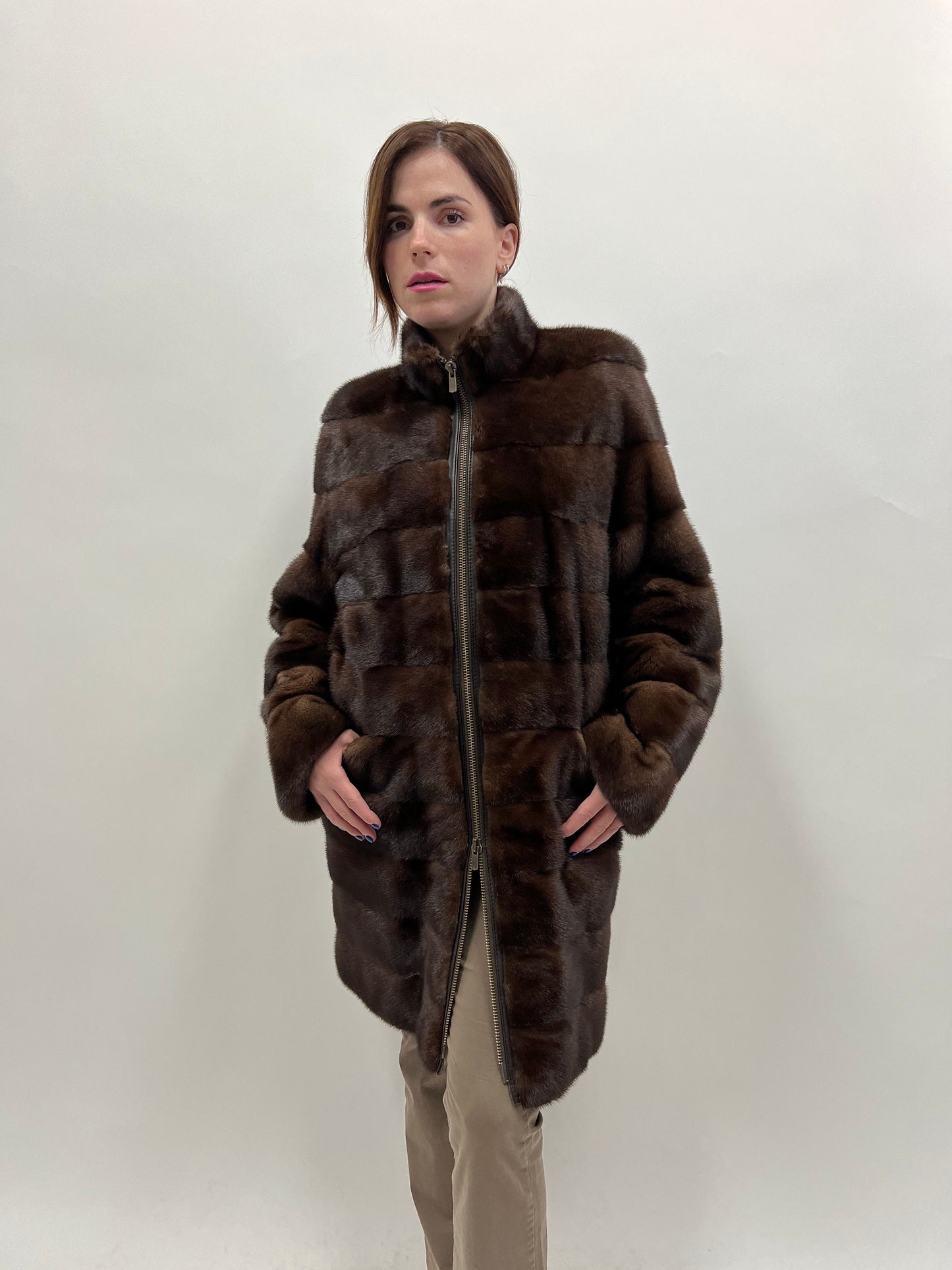 Brown Mink Fur Coat: Saga Male Pelts, Zipped Modern Design