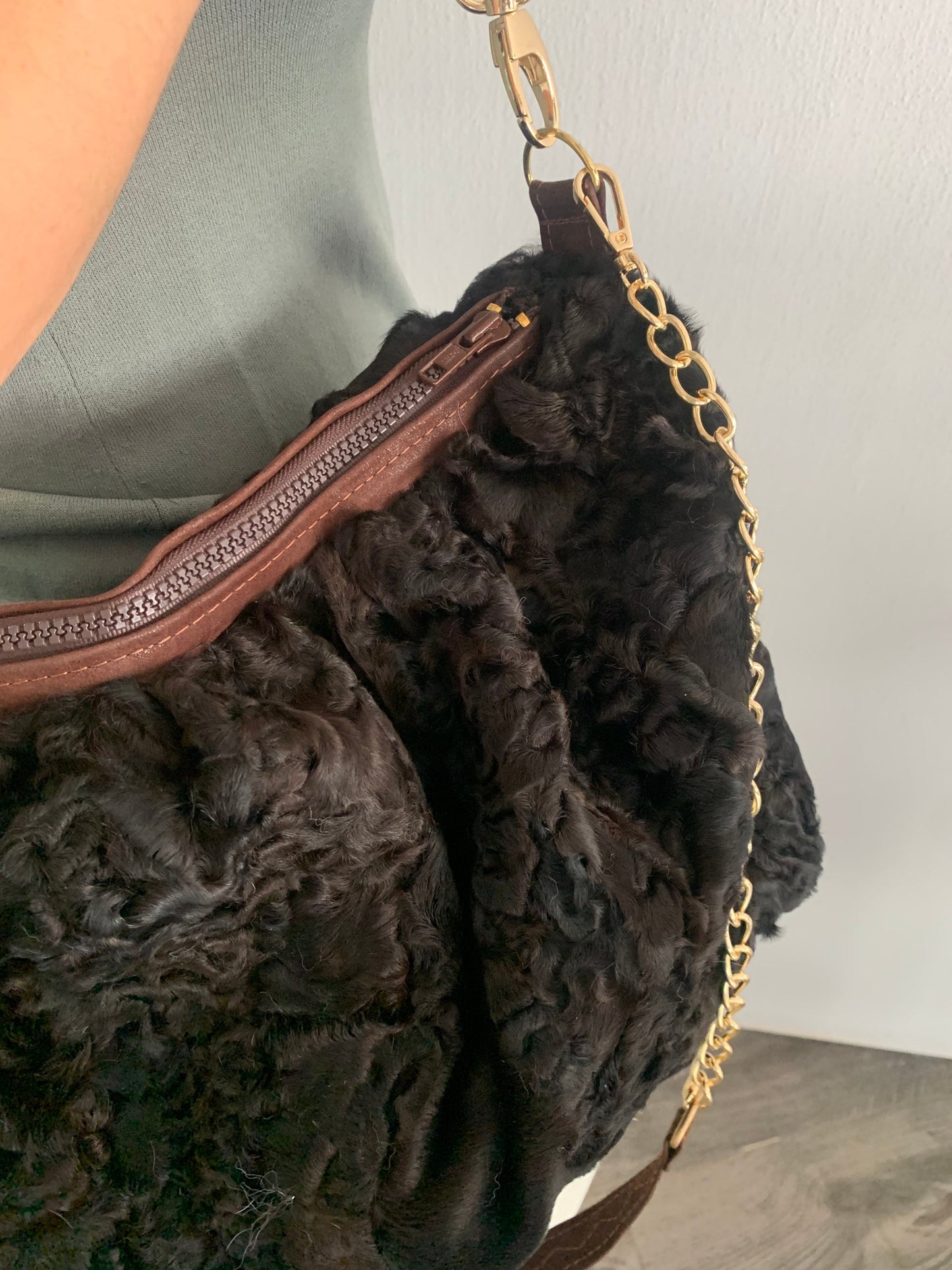 Lamb Fur Slouchy Shoulder Bag: Brown Cloud Pouch with Bronze Straps