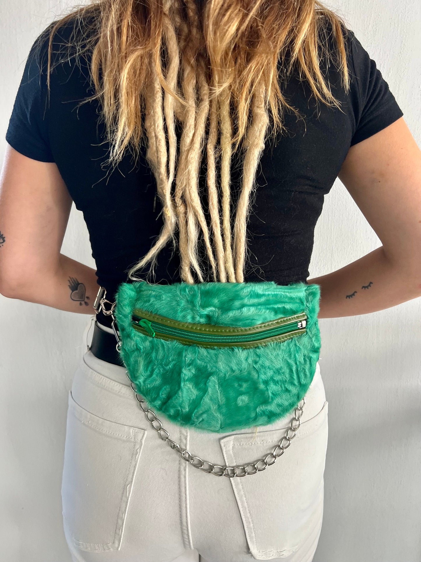 Green Sheared Fur Bumbag with Chain Strap