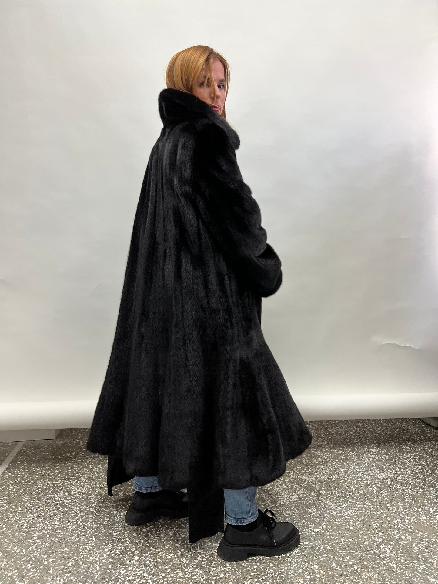 Handmade Black Mink Fur Long Coat: Godet Style, Adjustable Cuffs