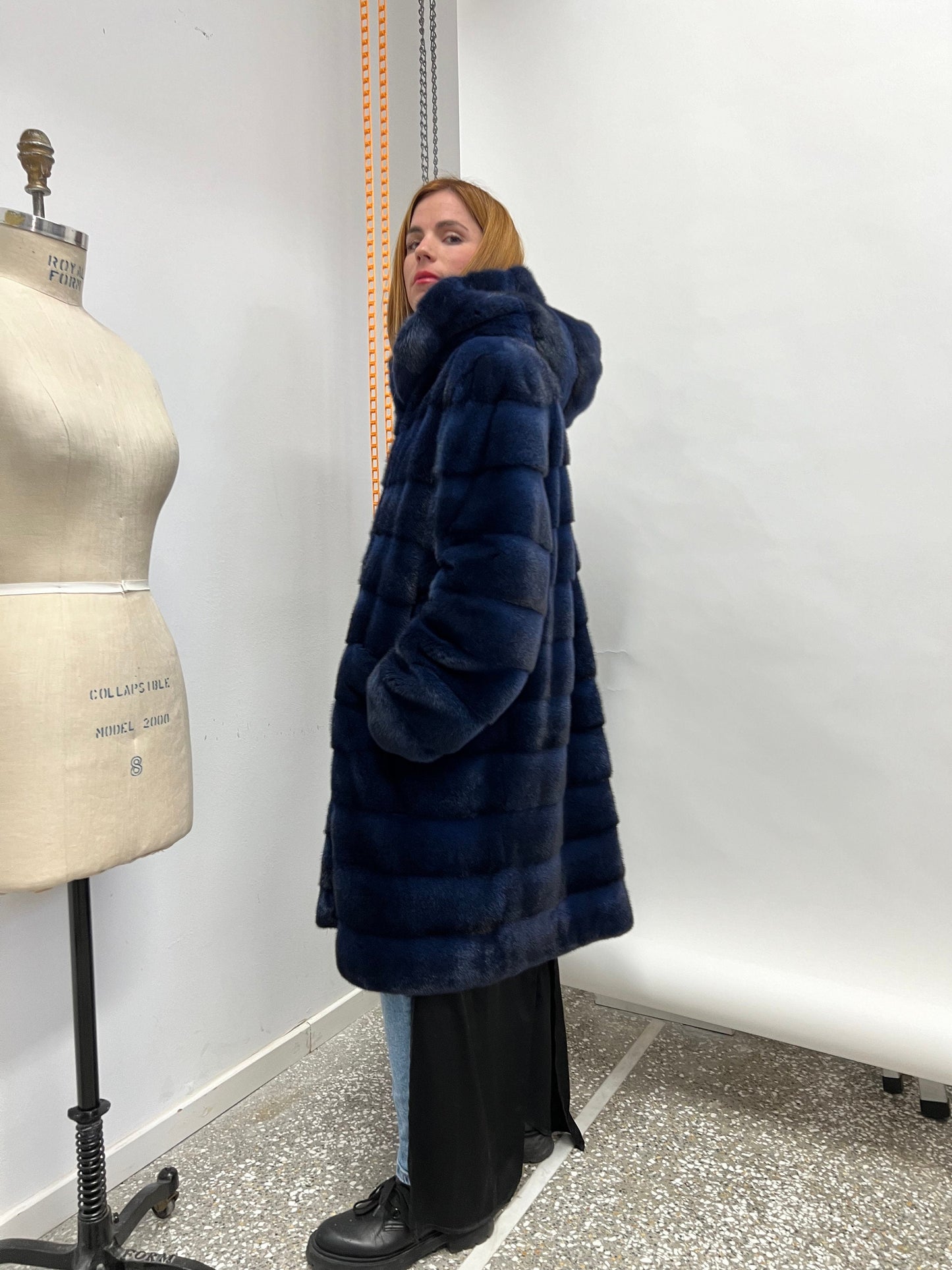Handmade Navy Blue Mink Fur Hooded Coat, 2XL