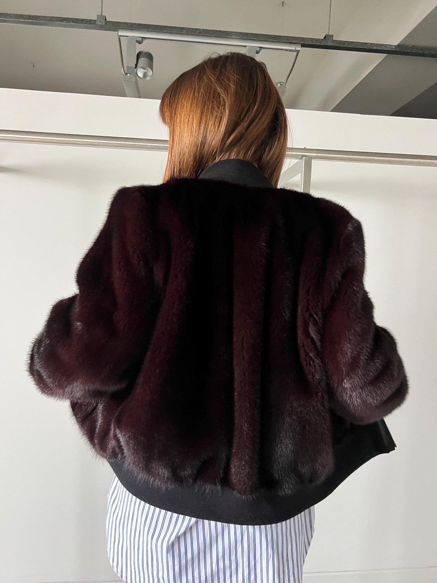 Burgundy Mink Fur Bomber Jacket: Elastic Hem, Silky Lining