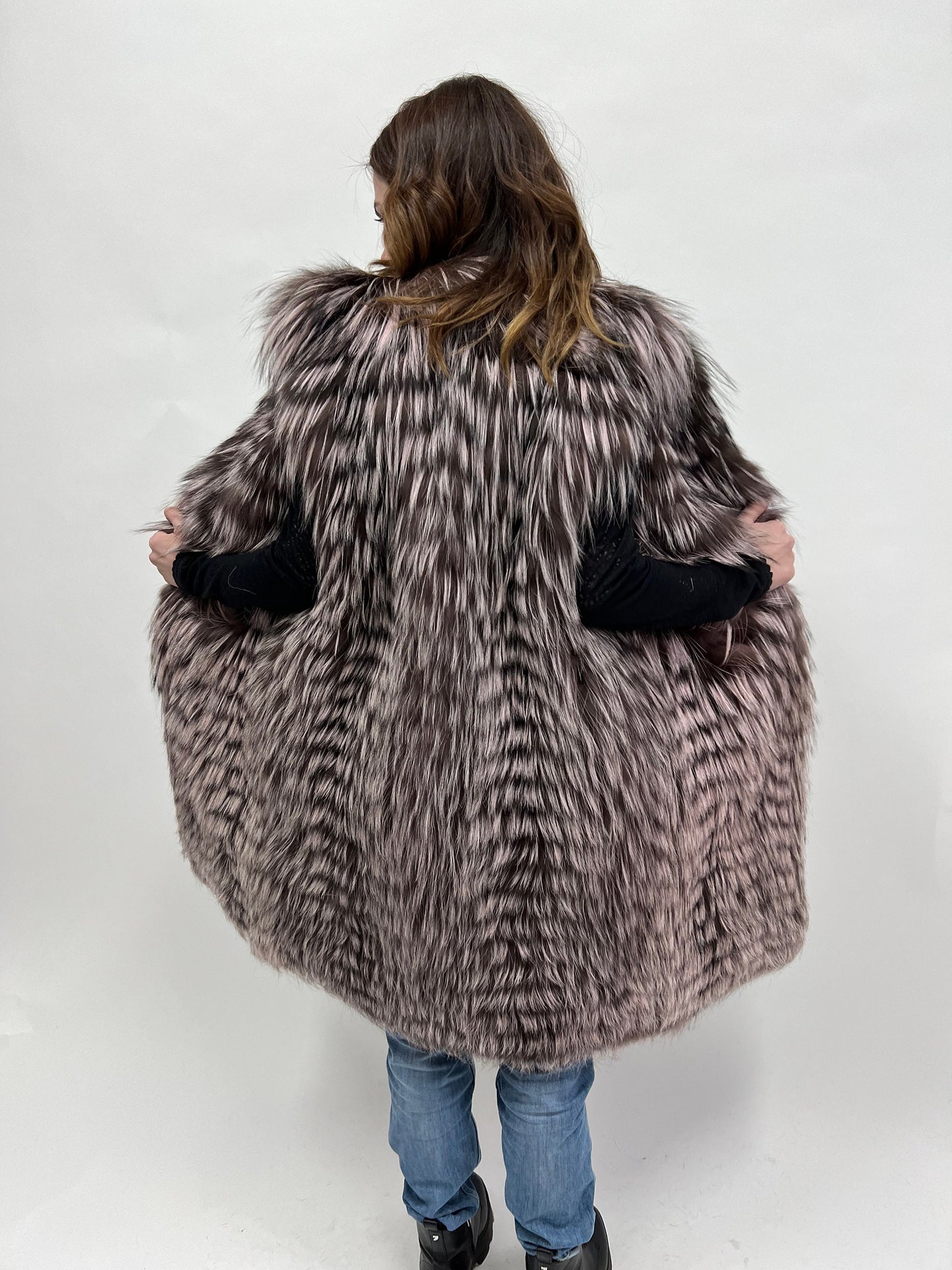 Pink Pastel Fox Fur Vest: Luxury Long Coat, Size Small