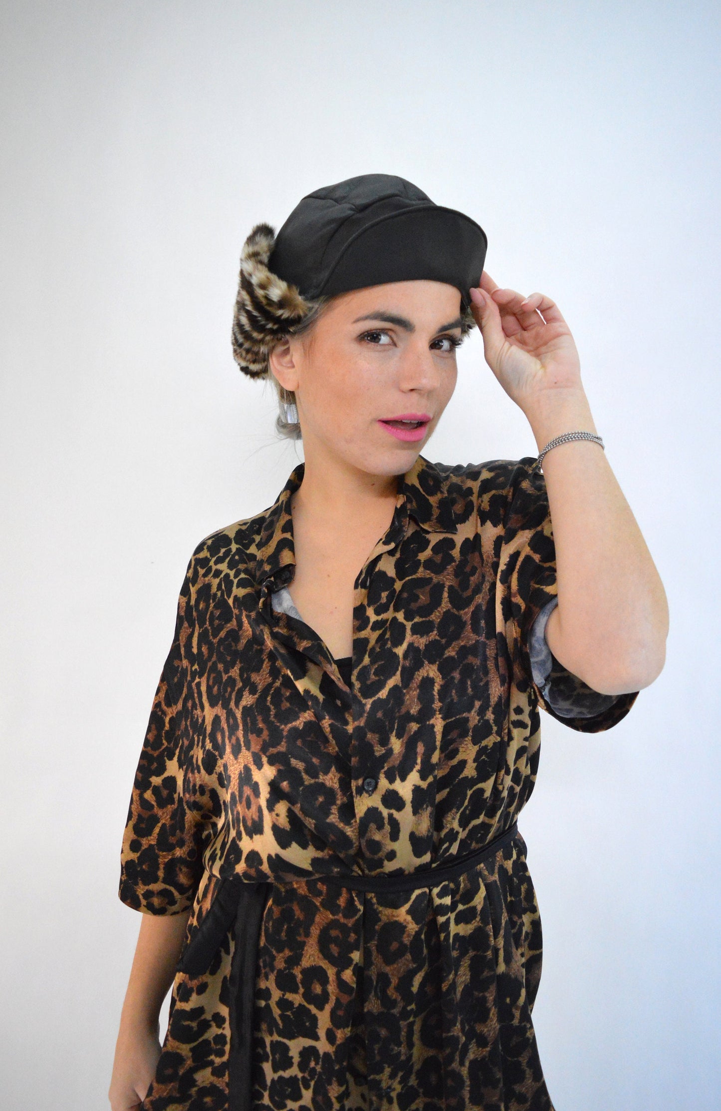 Rabbit Fur Trapper Hat, Black Leather, Leopard Print Ushanka