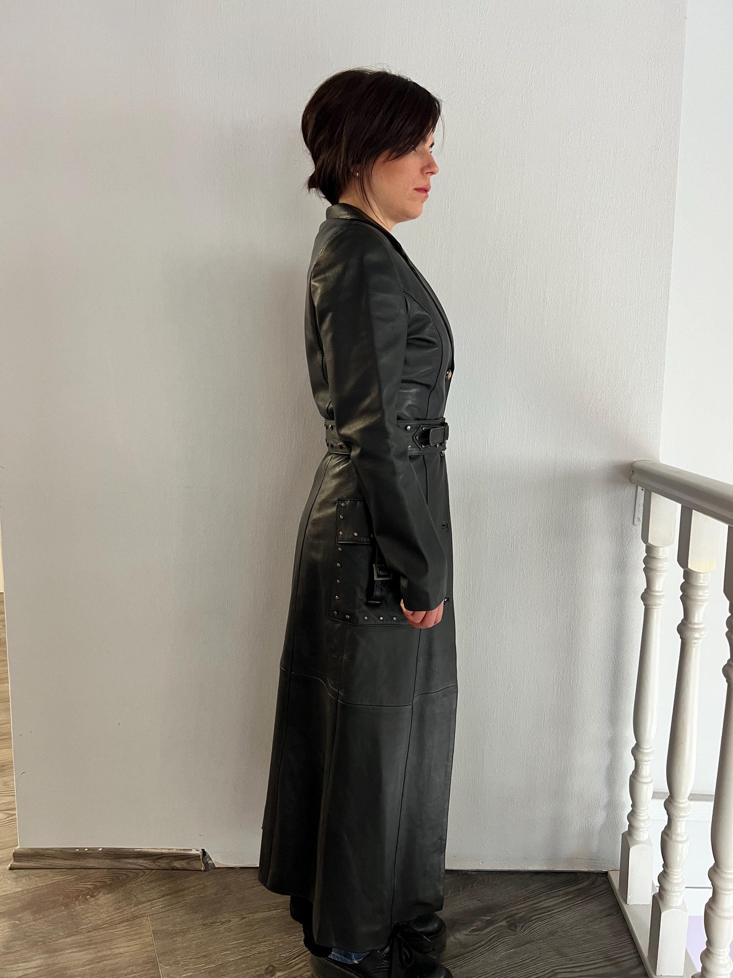 Handmade Nappa Leather Coat: Full Length Black Belted Overcoat