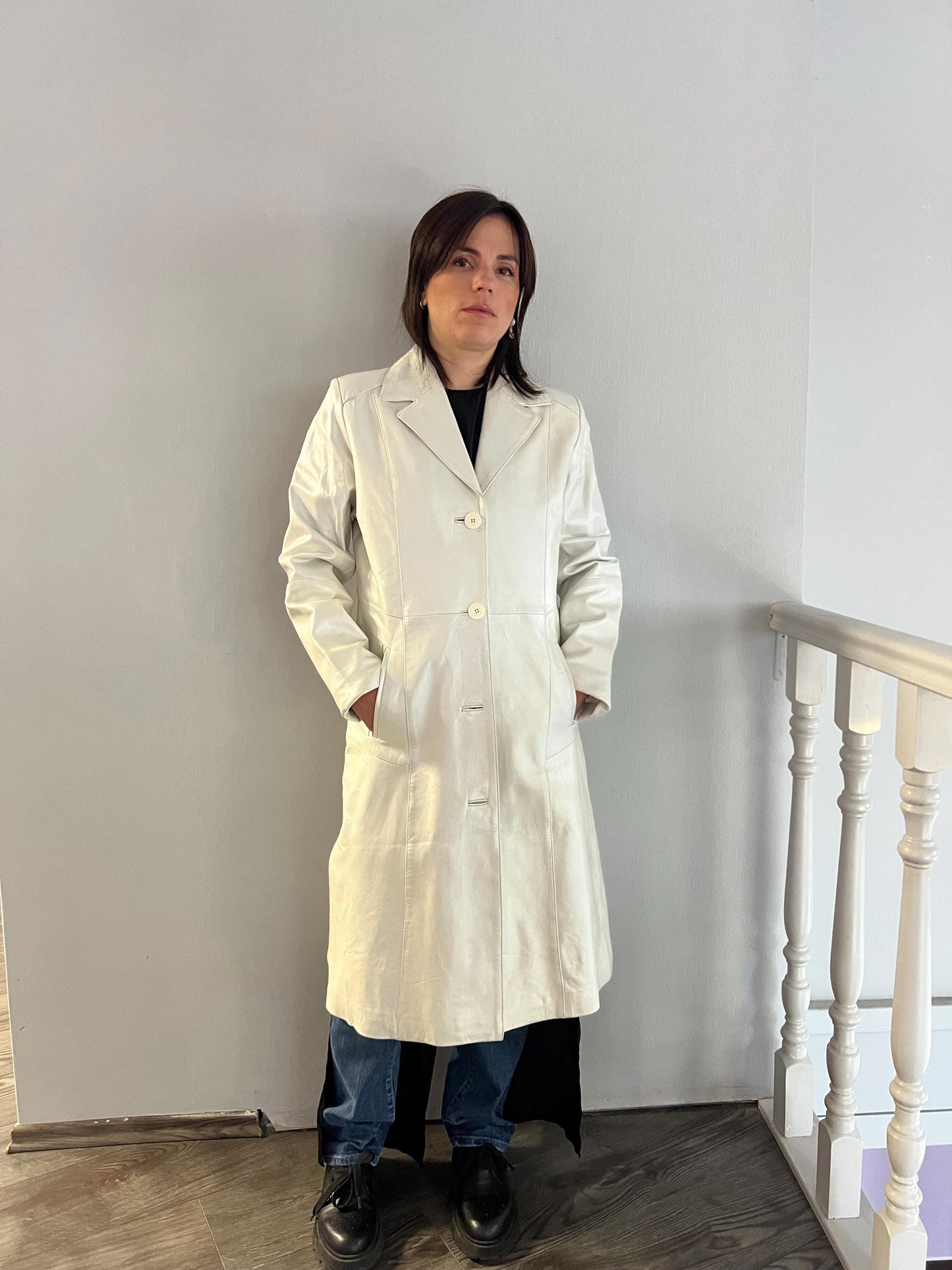 Handmade Nappa Lambskin Leather Coat: White Pearl Button-Down