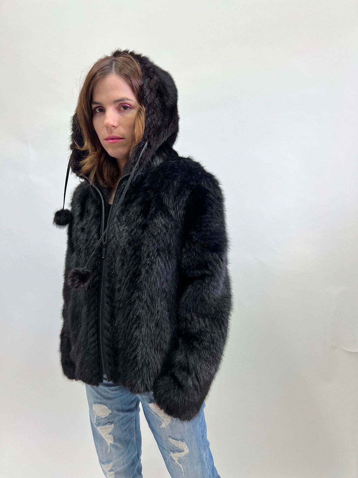 Real Mink Fur Hooded Bomber Jacket - Leather Trim, Size Medium