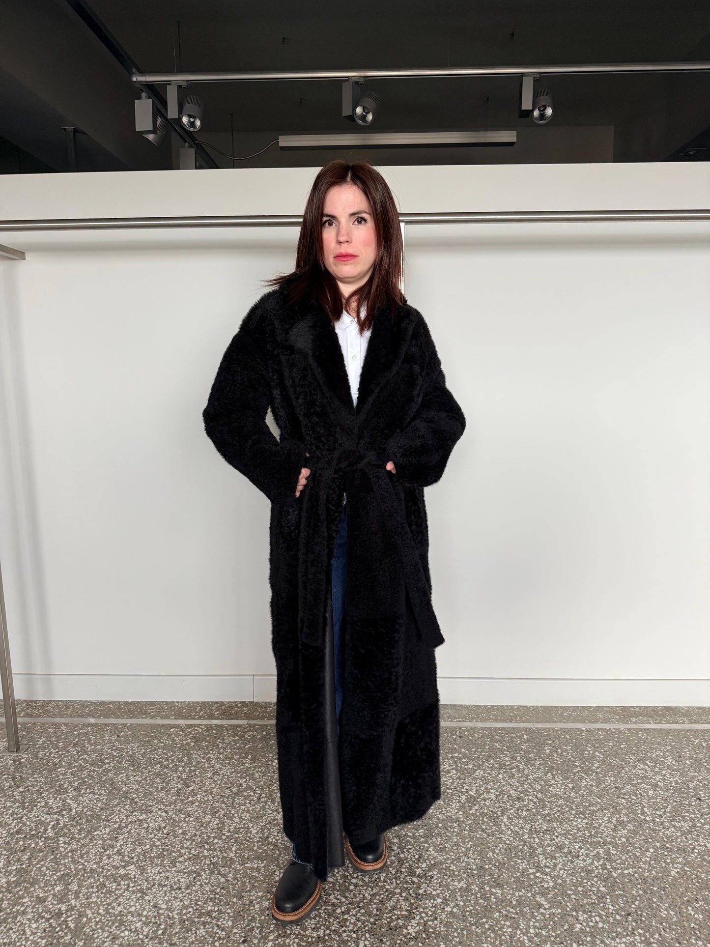 Handmade Black Shearling Fur Jacket:Long super warm Sheepskin Coat