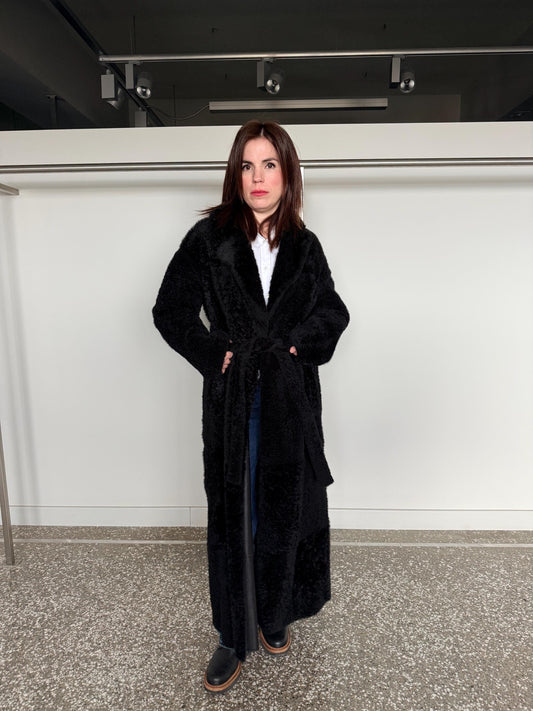 Handmade Black Shearling Fur Jacket:Long super warm Sheepskin Coat