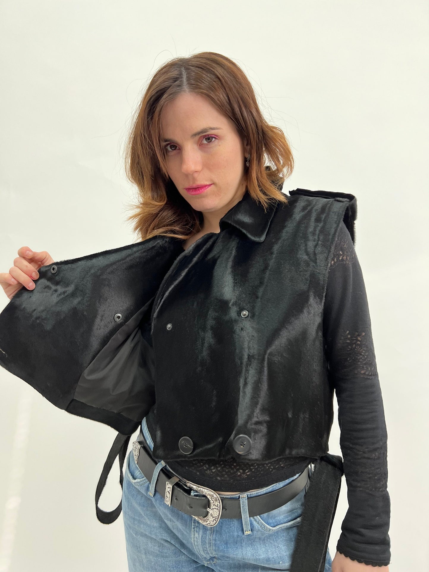 Hair-On Hide Leather Vest: Genuine Cavallino Fur, Belted Utility Vest