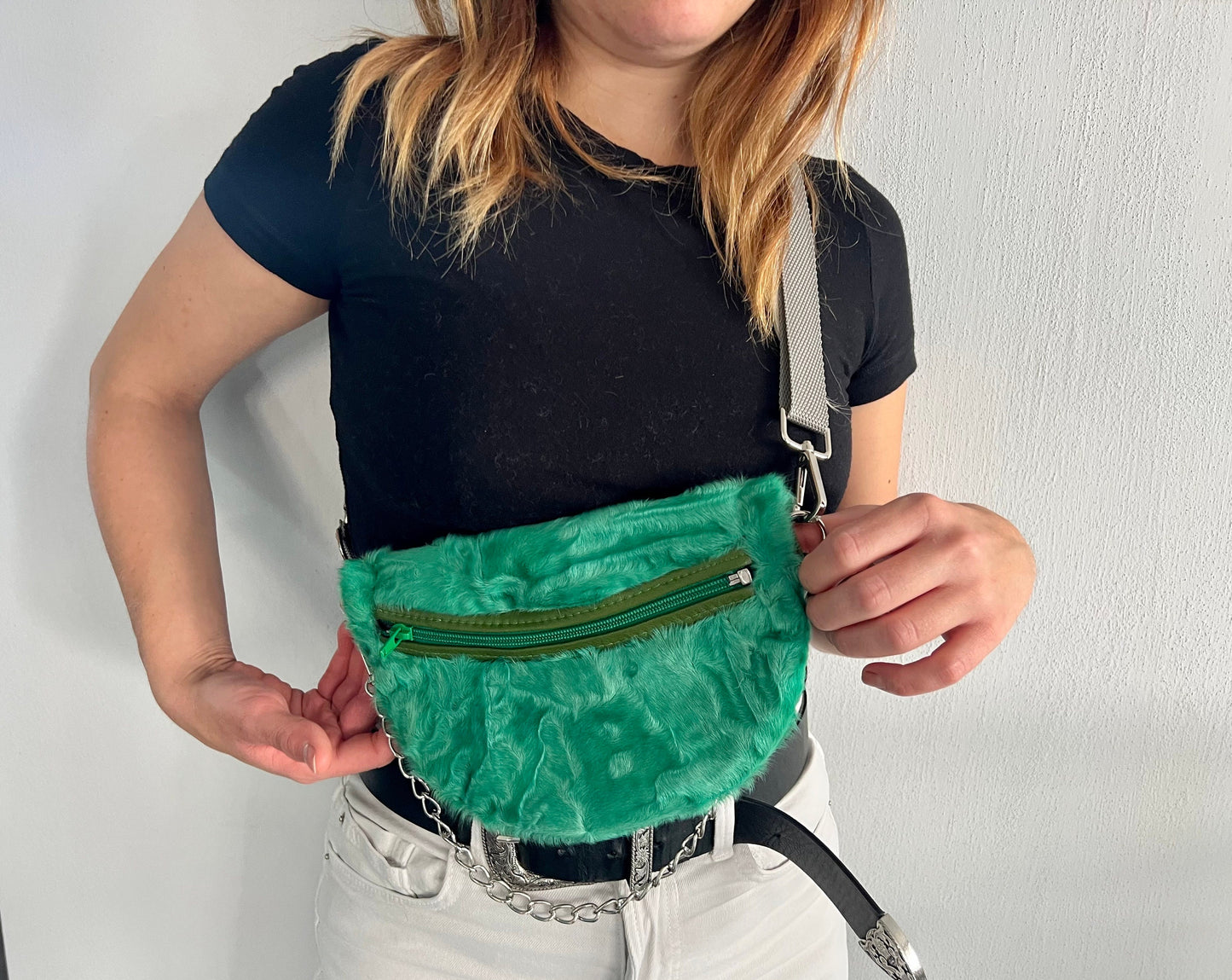 Green Sheared Fur Bumbag with Chain Strap