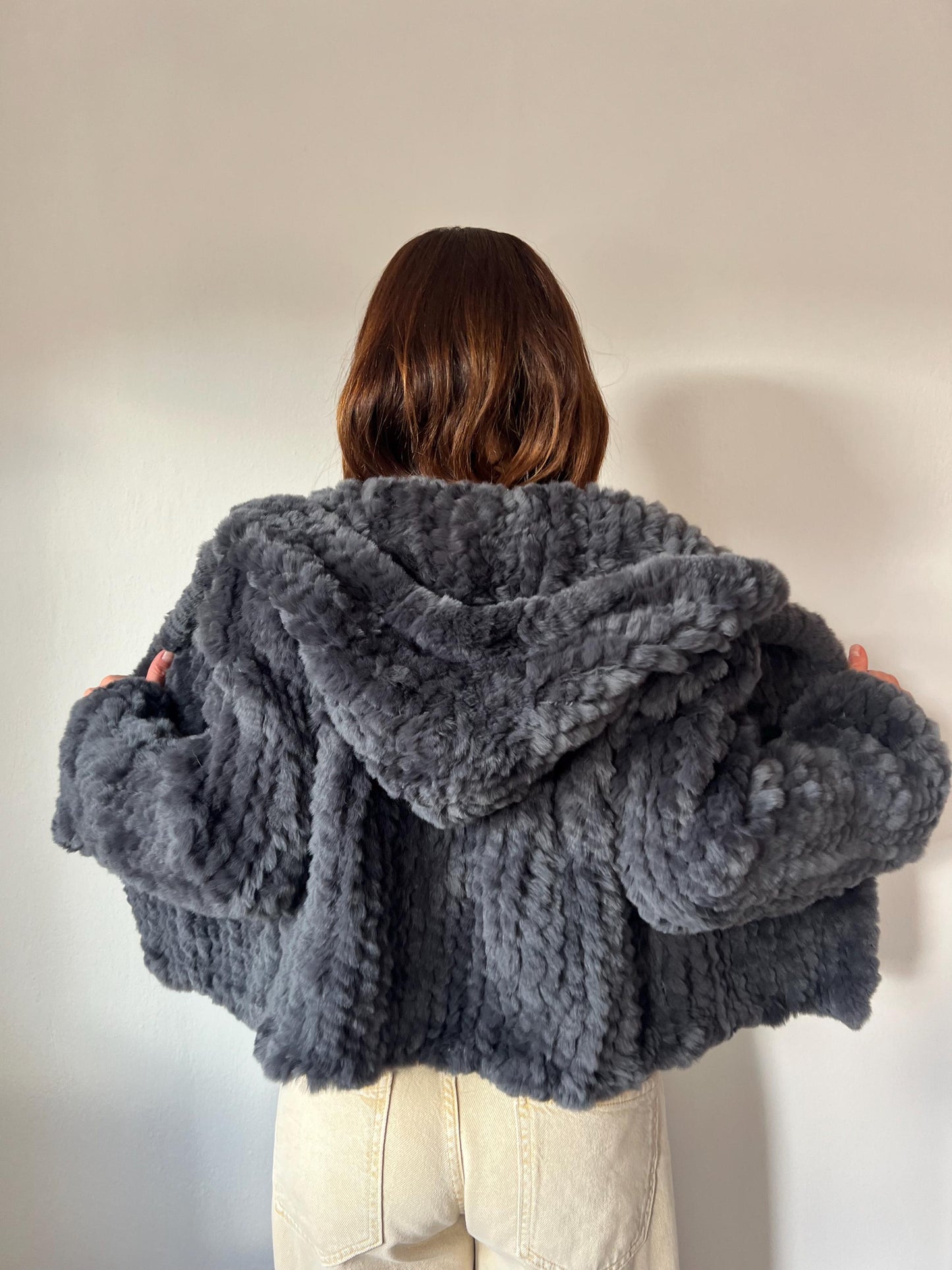 Handwoven Rabbit Fur Hooded Jacket - Dark Grey Lightweight Coat