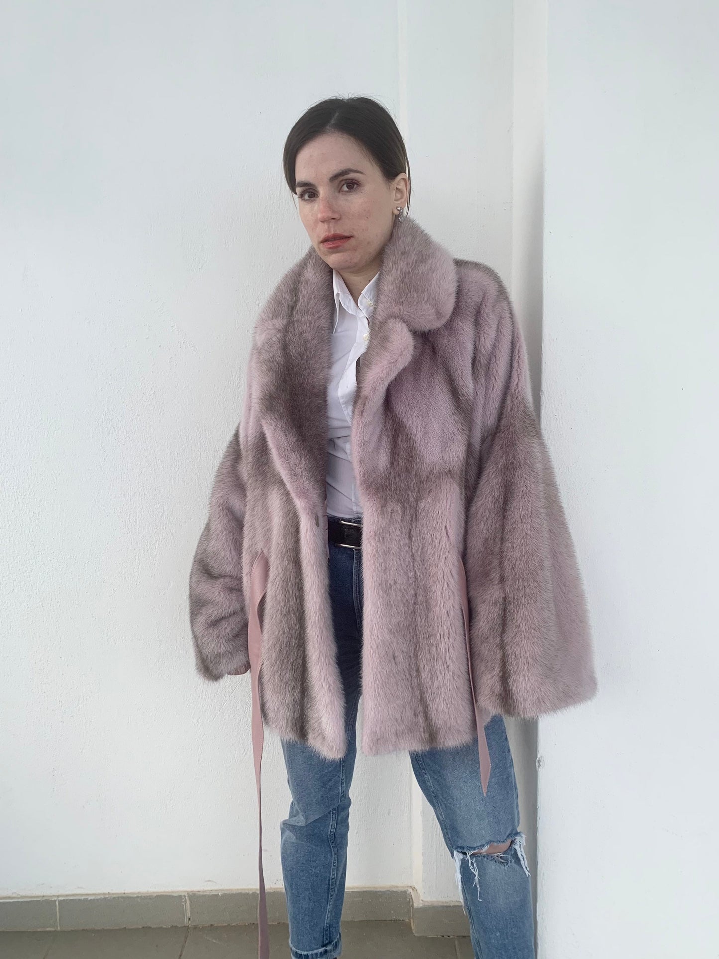 Pink & Black Cross Mink Fur Cape with Leather Belt
