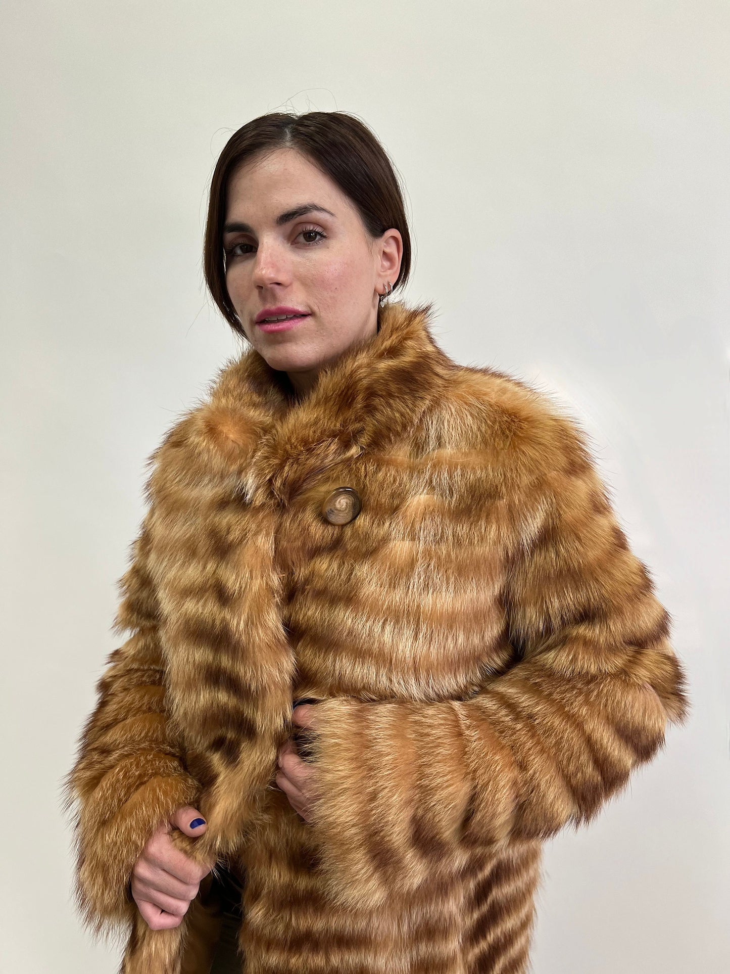 Real Raccoon Fur Coat: Camel Brown Leather Trim