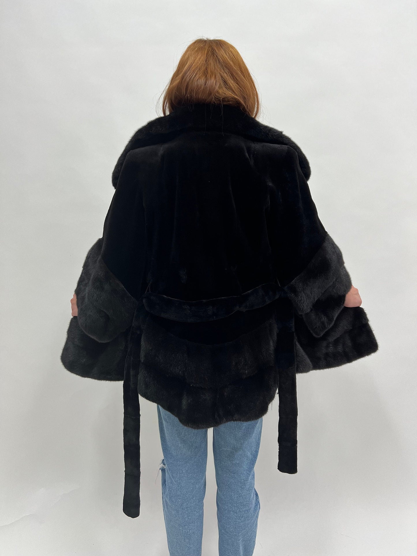 Black Sheared Mink Fur Coat with Belt & Big Collar