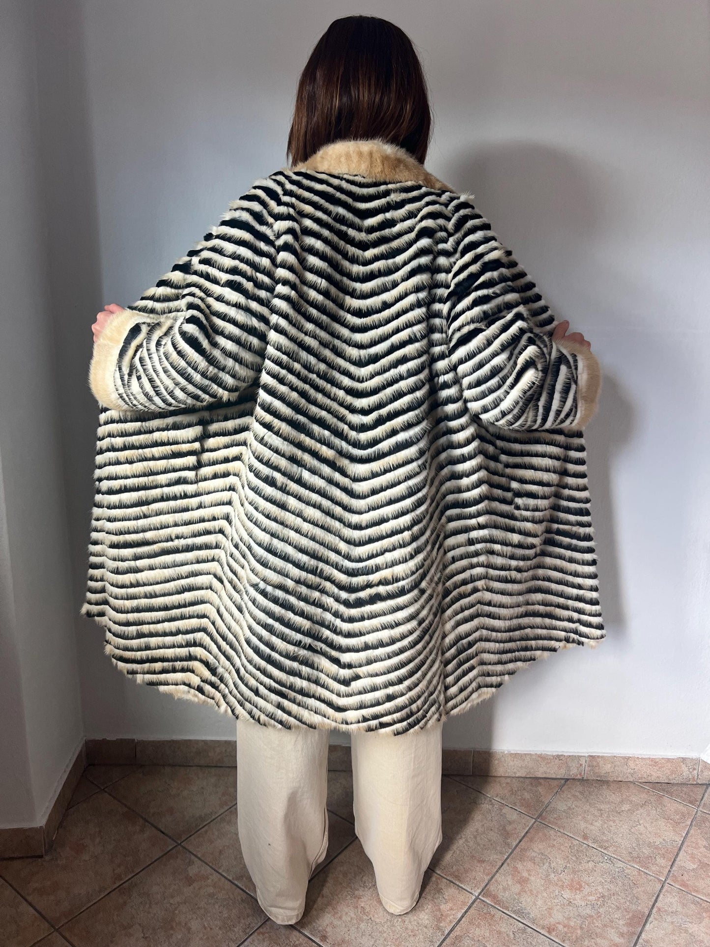 Handwoven Mink Fur Coat: Beige & Black Wool Lined Jacket