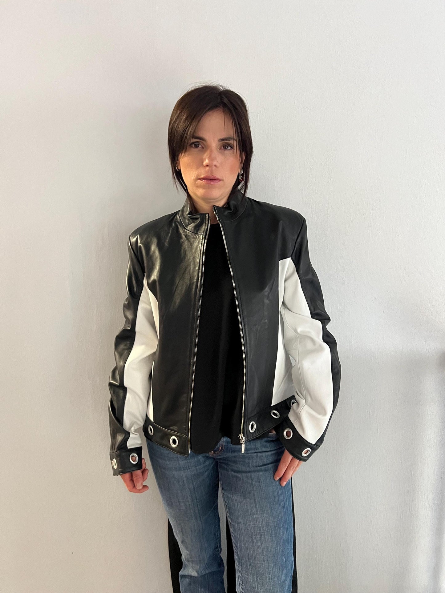 Handmade Black and White Lambskin Leather Jacket - Medium