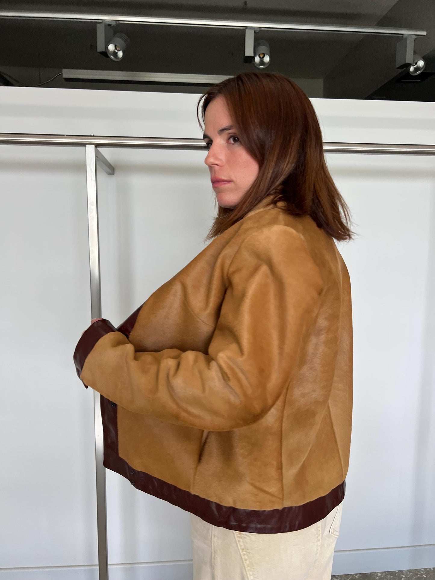 Camel and Burgundy Hair-On Calf Hide Leather Jacket - Handmade in Greece