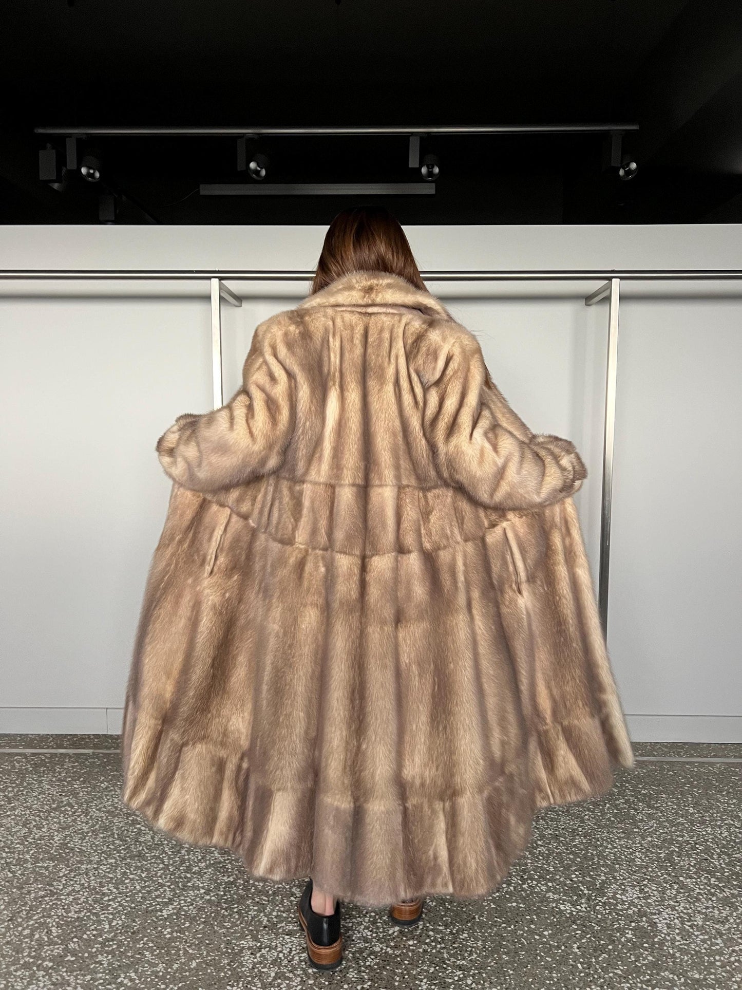Pearl Mink Fur Stroller: Beige Saga Full Length Luxury Coat