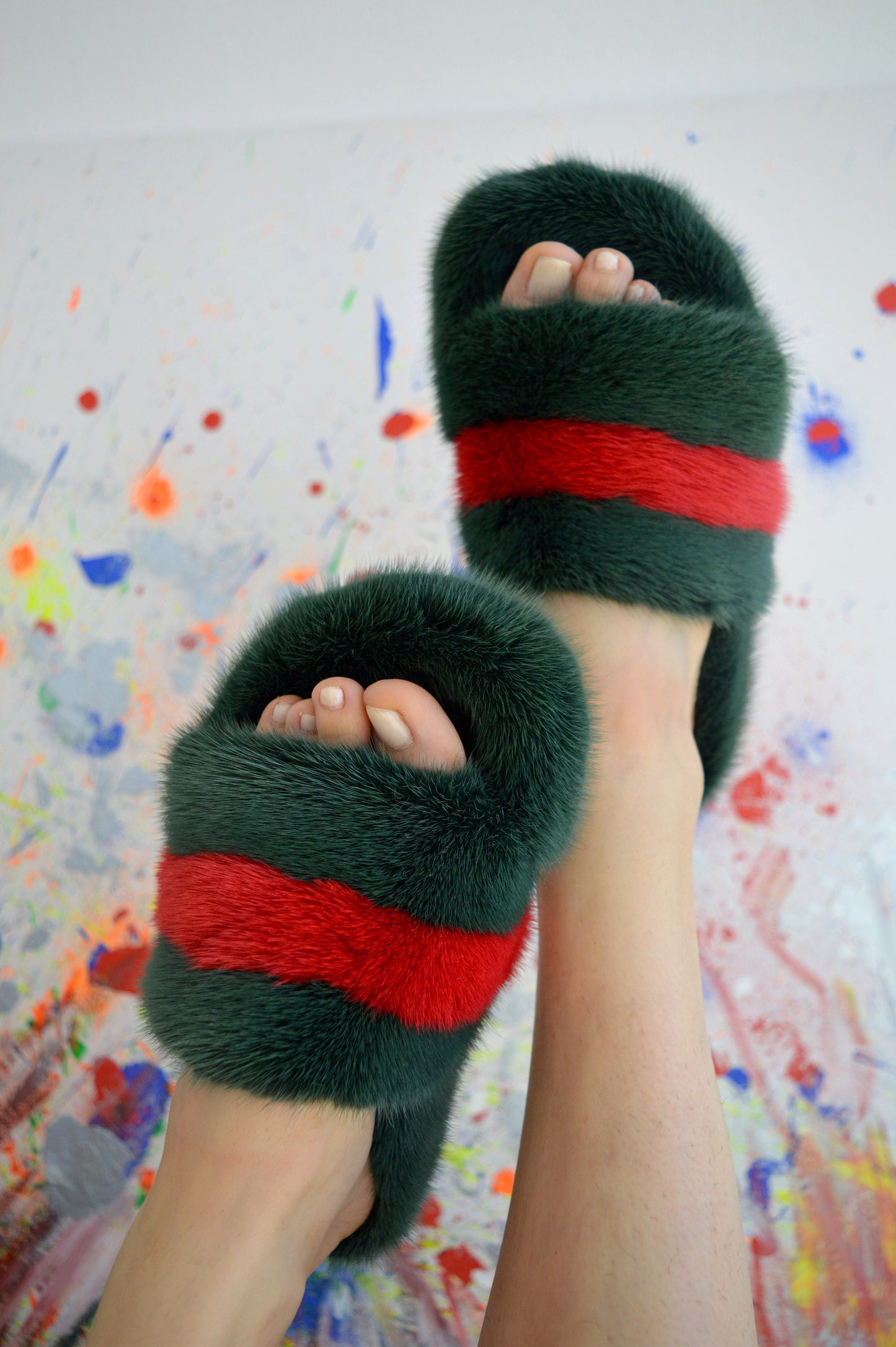 Green & Red Mink Fur Slides: Luxury Comfy Slippers