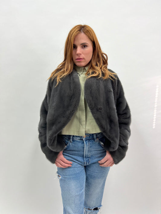 Graphite Mink Fur Bolero Jacket - Collarless Gray Luxury Fur