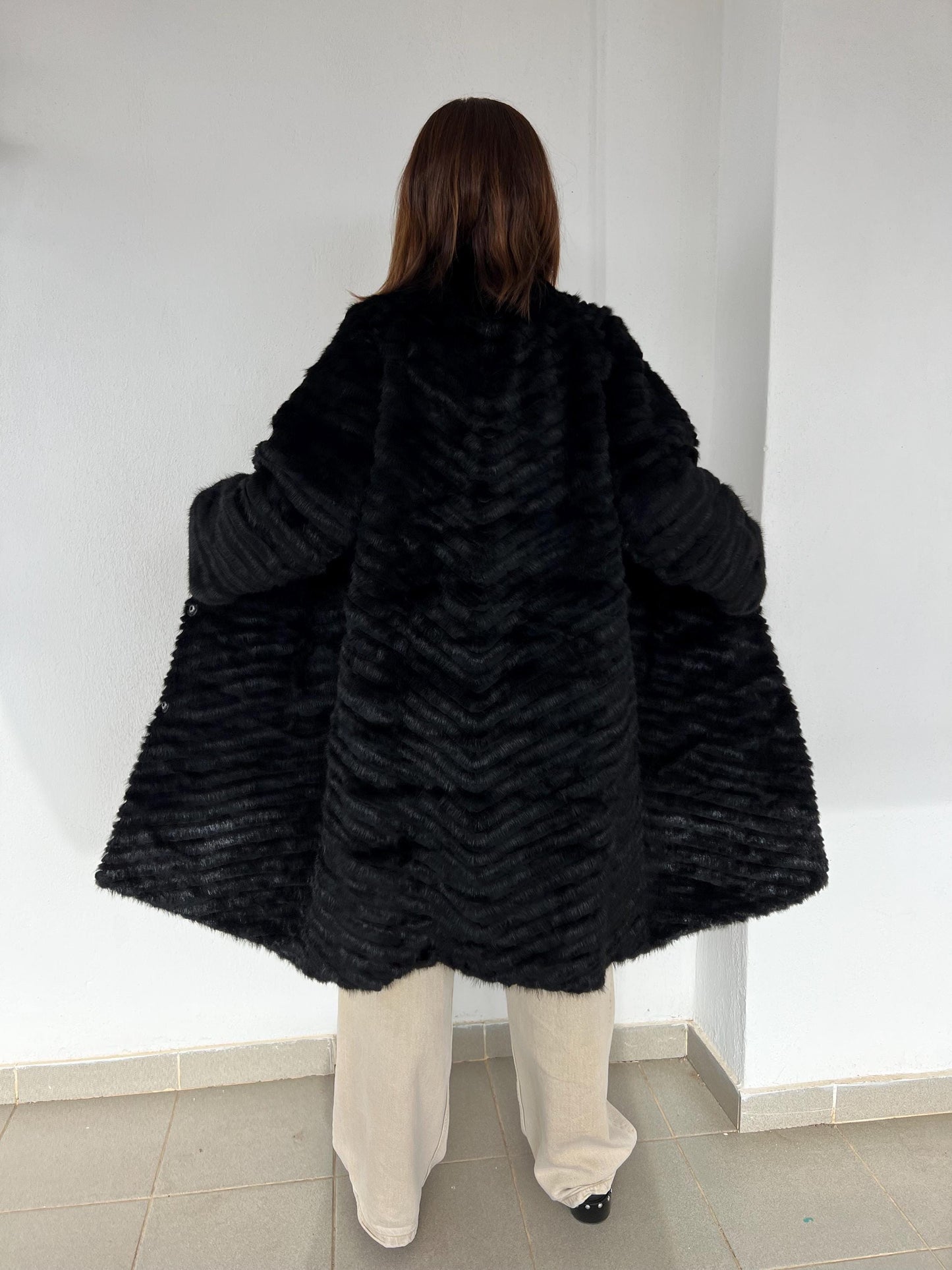 Handwoven Black Mink Fur Coat - Wool Lined Jacket