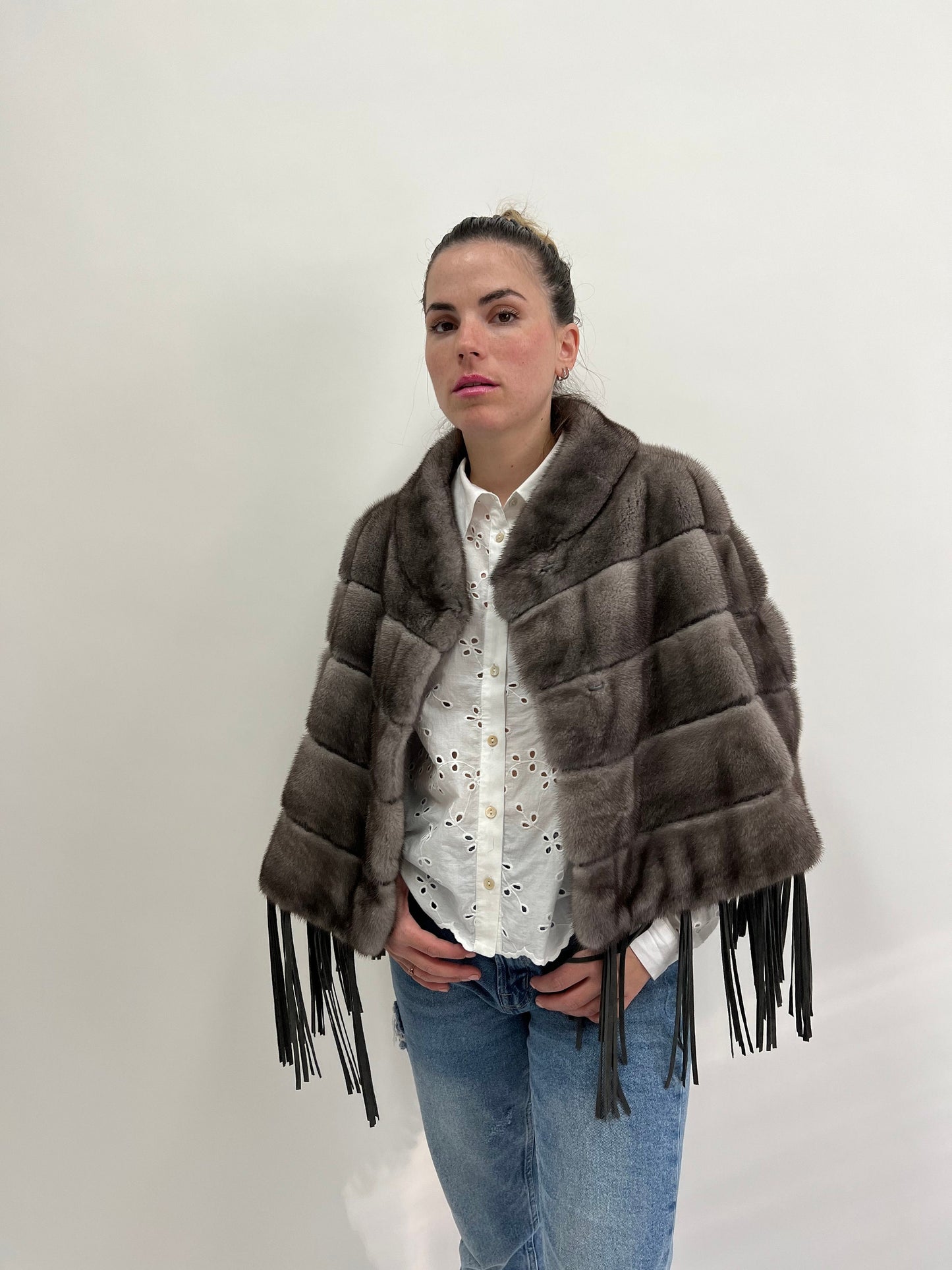 Grey Mink Fur Poncho: Leather Tassel Cape - Saga Blue Iris