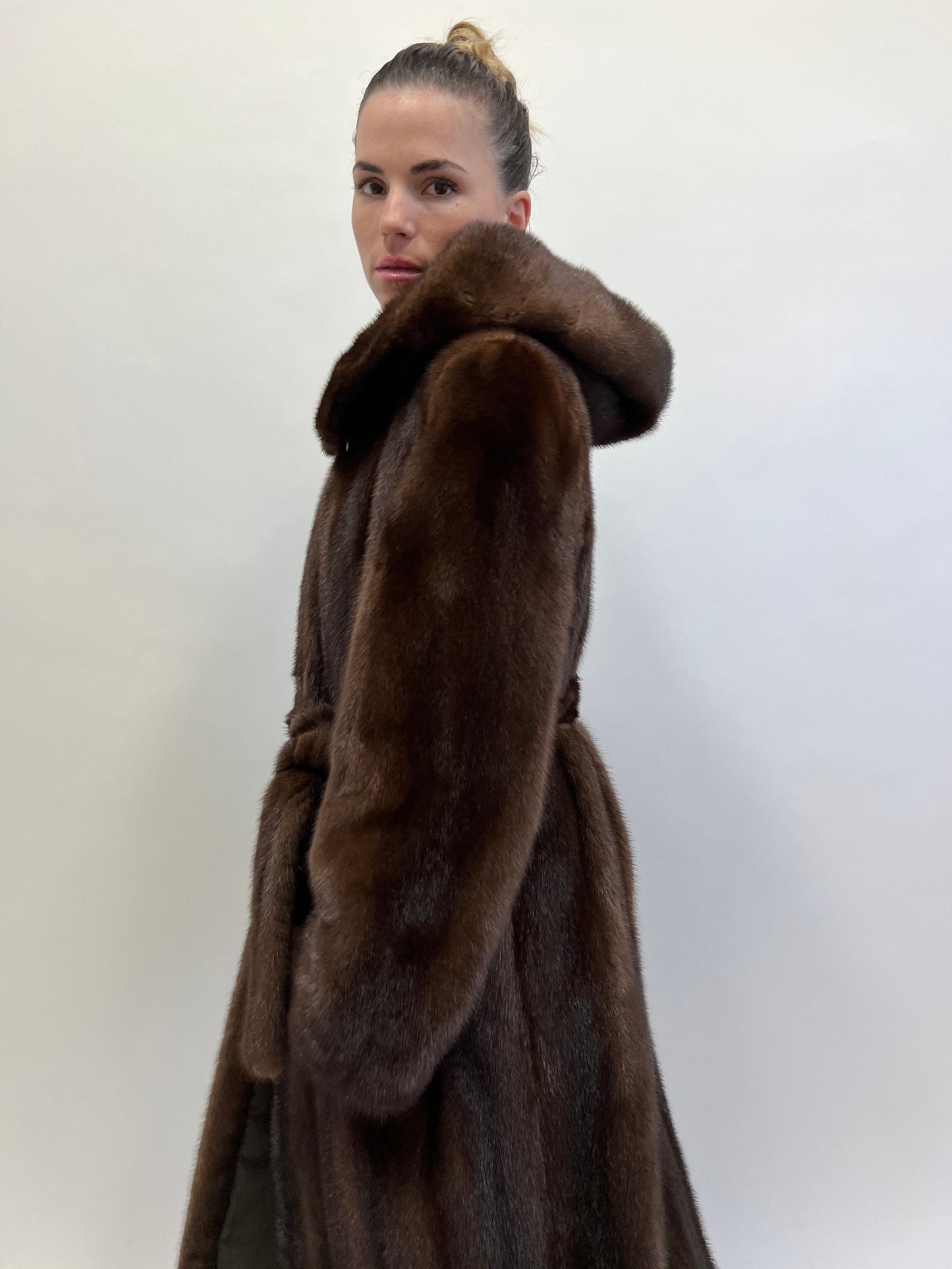 Brown Mink Fur Hooded Coat: Demi Buff Long Stroller, Belted