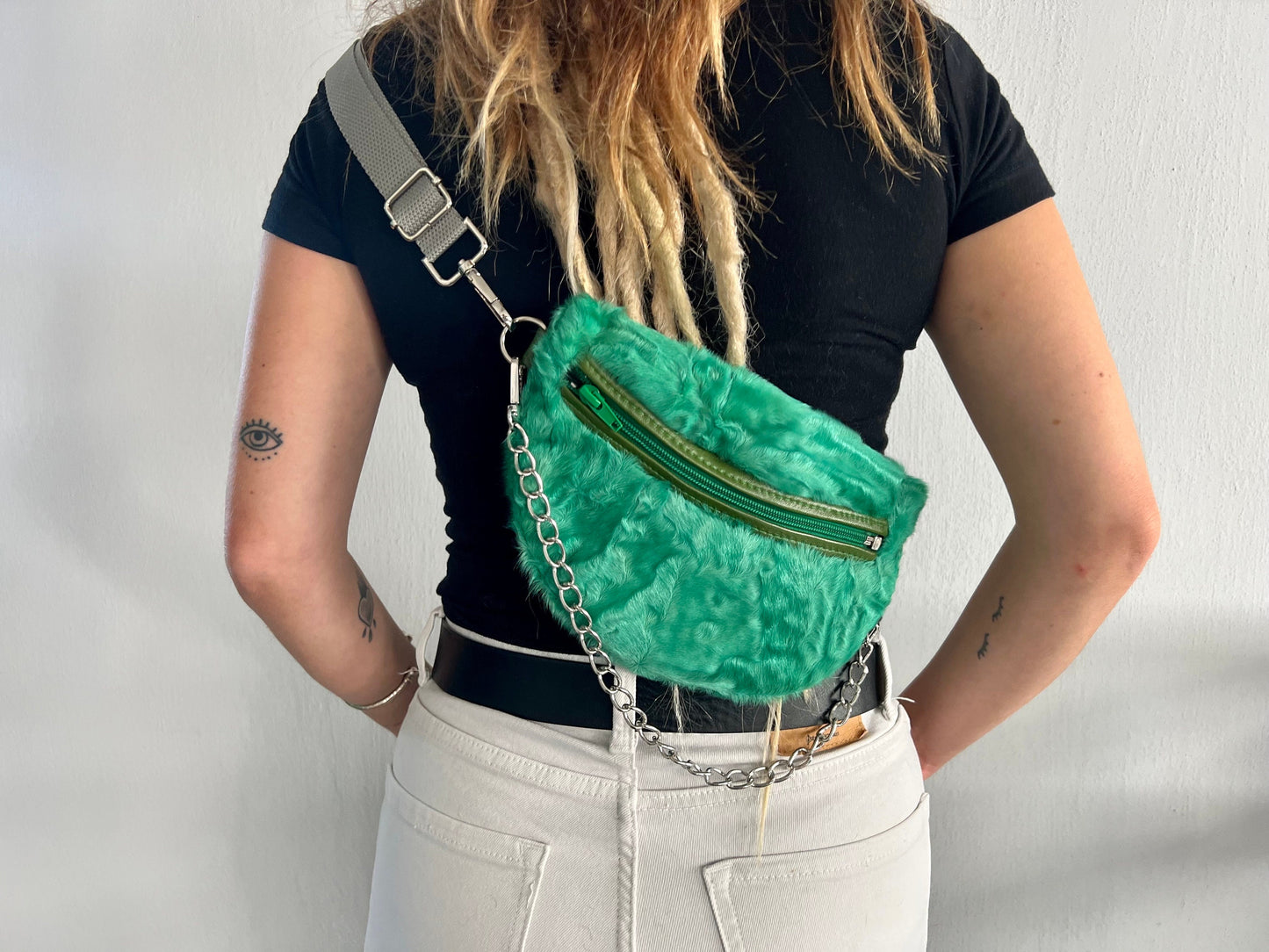 Green Sheared Fur Bumbag with Chain Strap