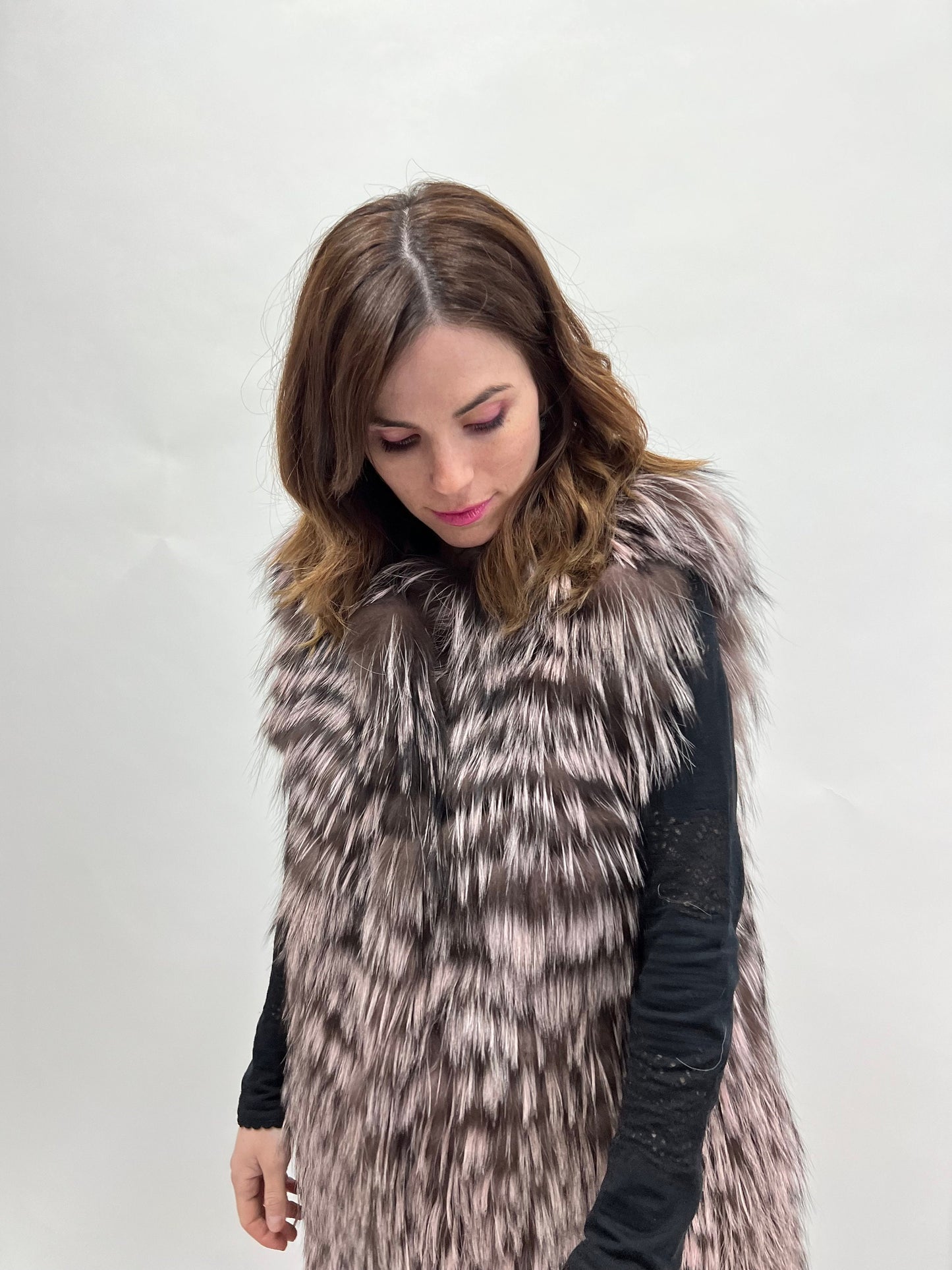 Pink Pastel Fox Fur Vest: Luxury Long Coat, Size Small