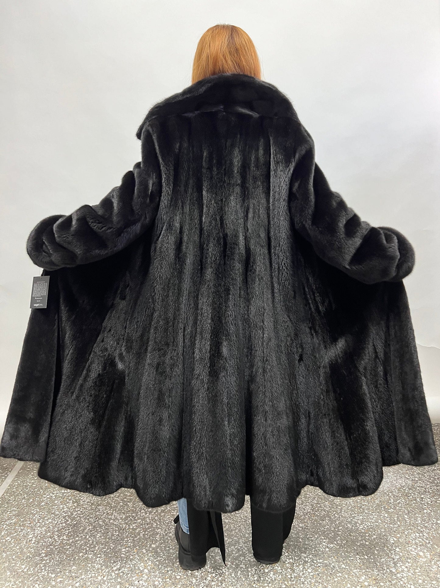 Handmade Black Mink Fur Long Coat: Godet Style, Adjustable Cuffs