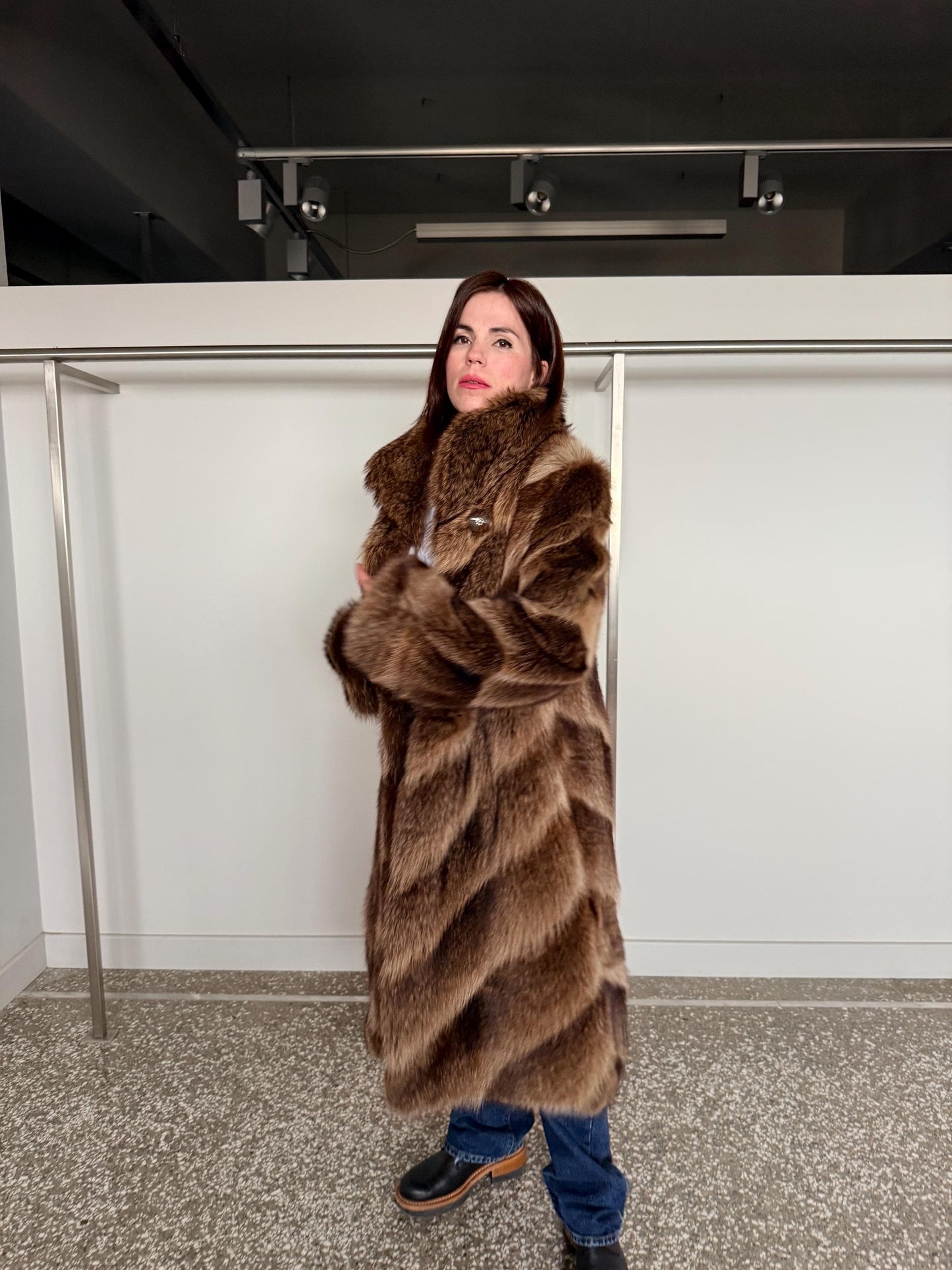 Real Raccoon Fur Coat: Choco Brown extremely warm diagonal fur stroller.