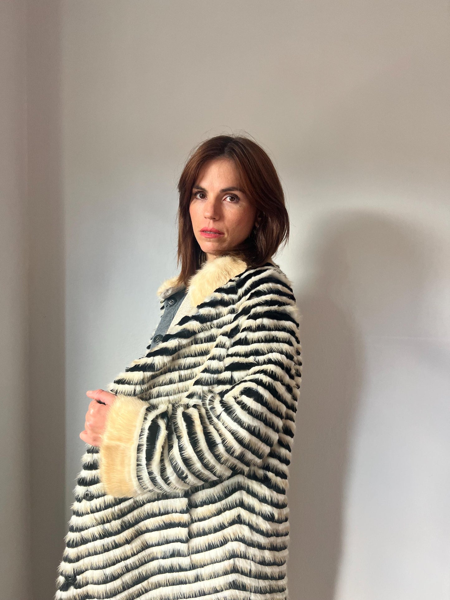Handwoven Mink Fur Coat: Beige & Black Wool Lined Jacket