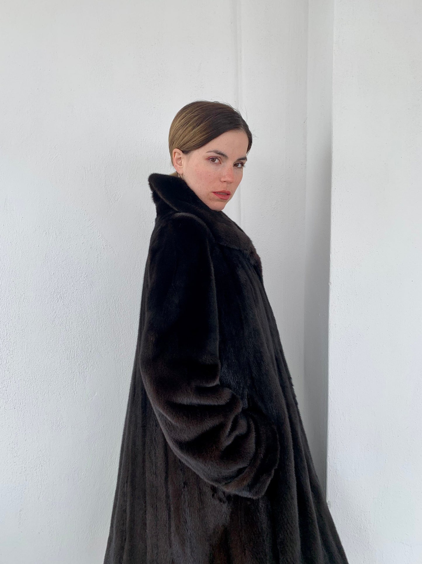 Mahogany Mink Fur Long Coat - Handmade Luxury stroller in full length godet style.