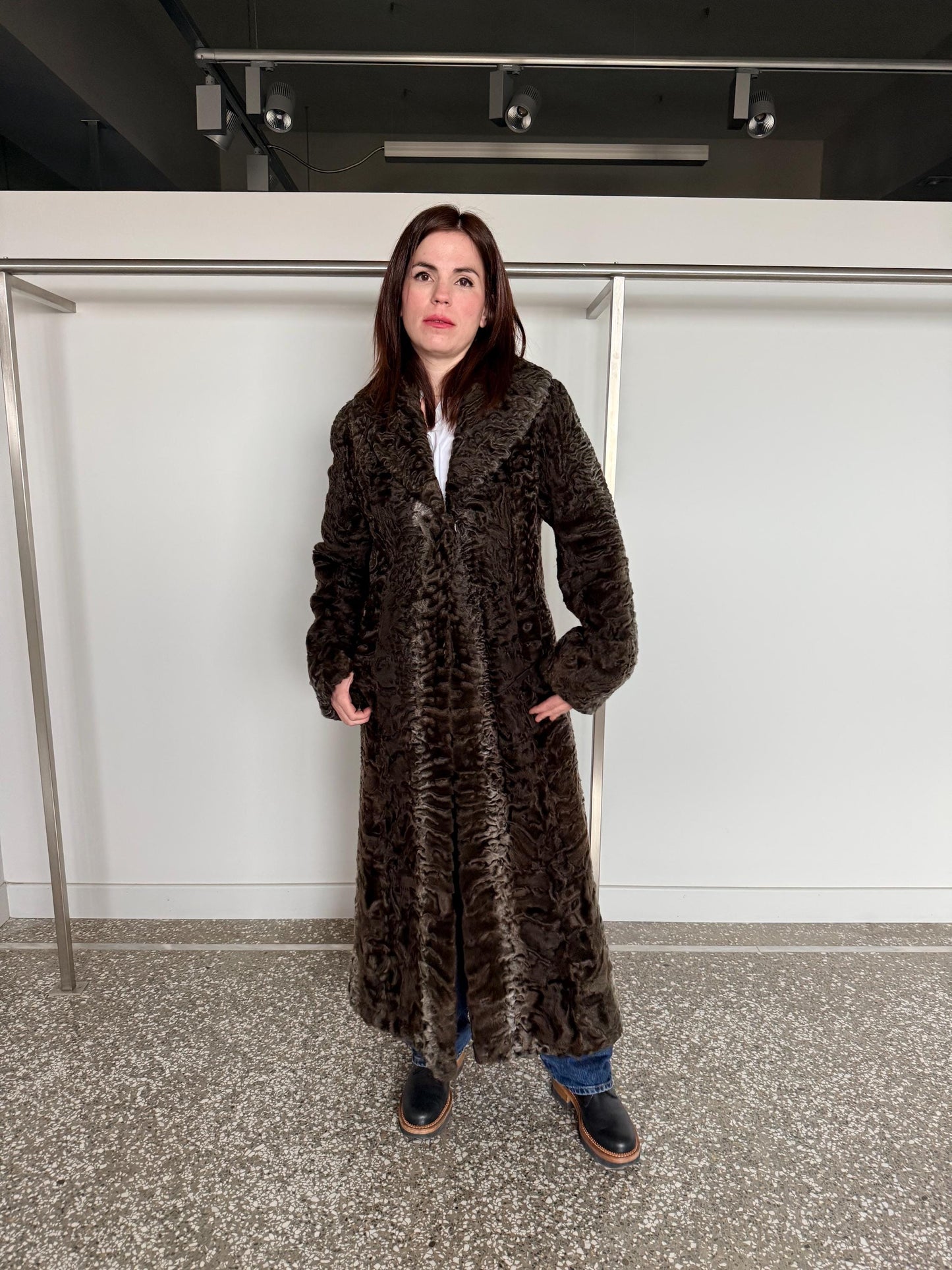Handmade cross Swakara Curly Fur Coat – Extremely Warm Sheepskin brown Coat