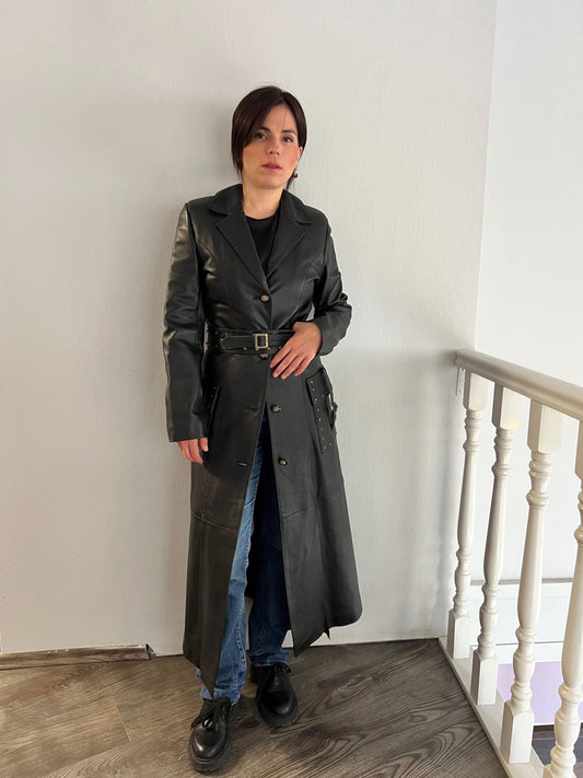 Handmade Nappa Leather Coat: Full Length Black Belted Overcoat