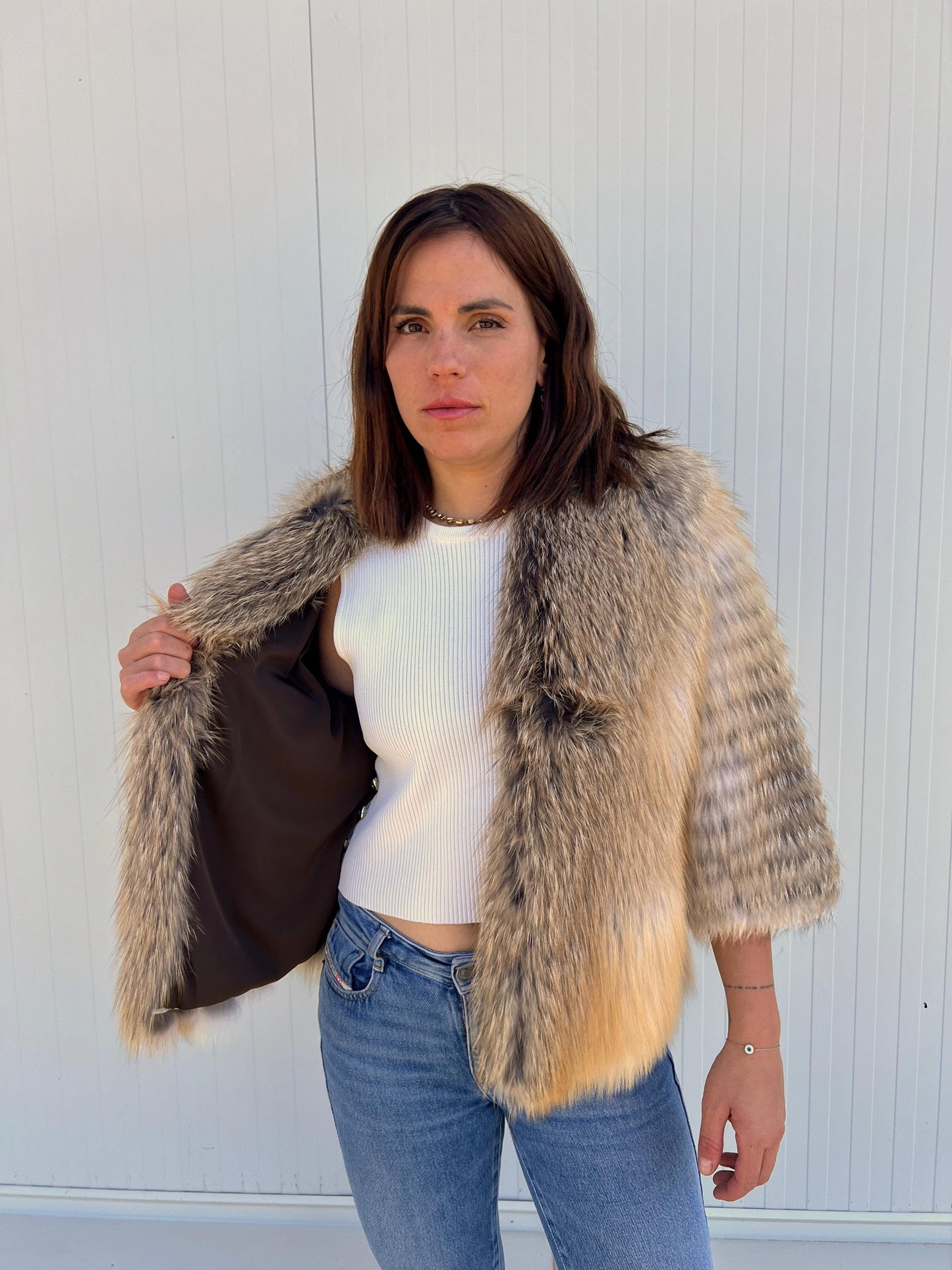 Handmade Camel Fox Fur Jacket: Lightweight Fluffy Coat