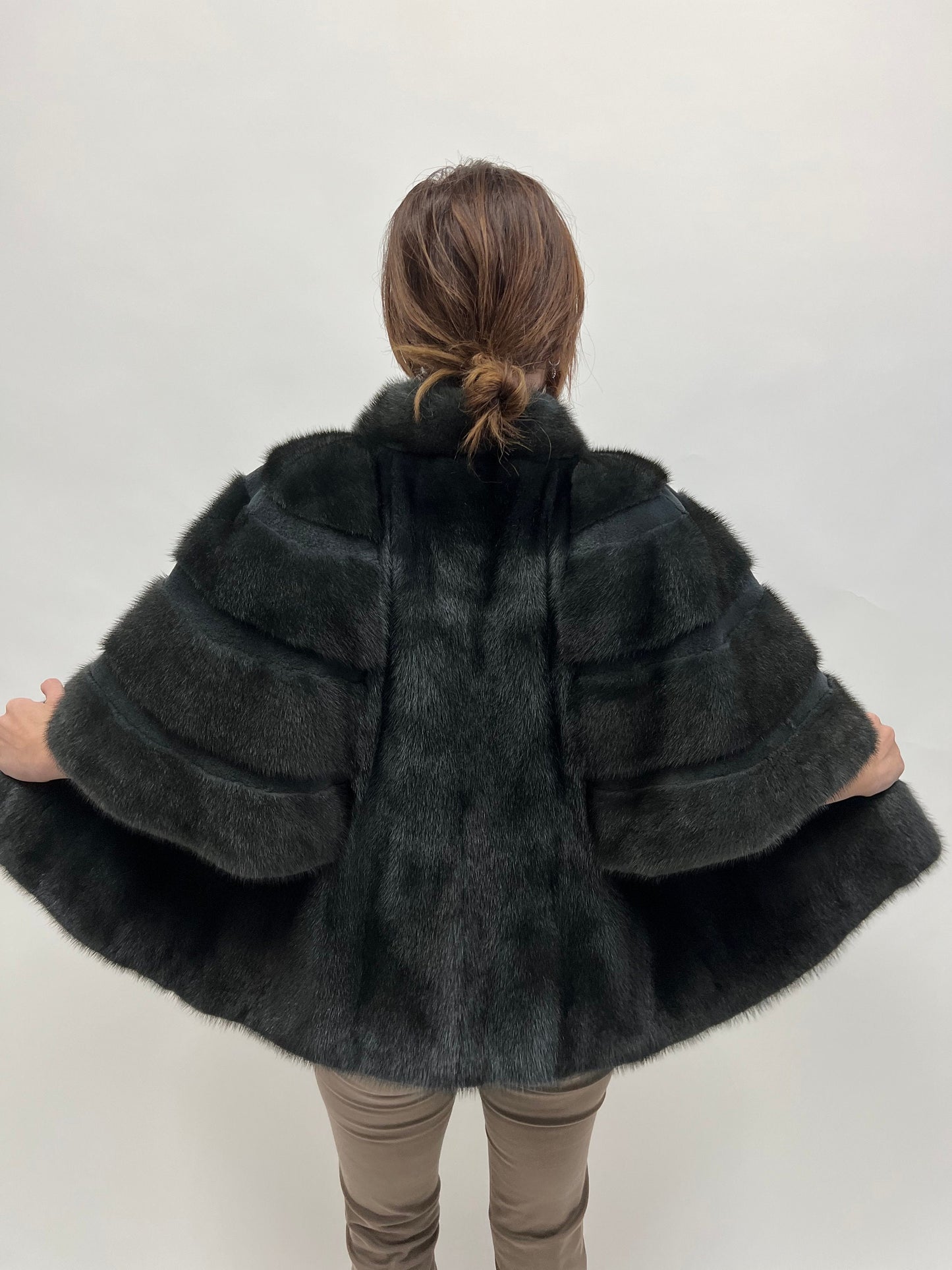 Midnight Blue Mink Fur Cape Jacket - Sheared Mink Details - Saga Furs