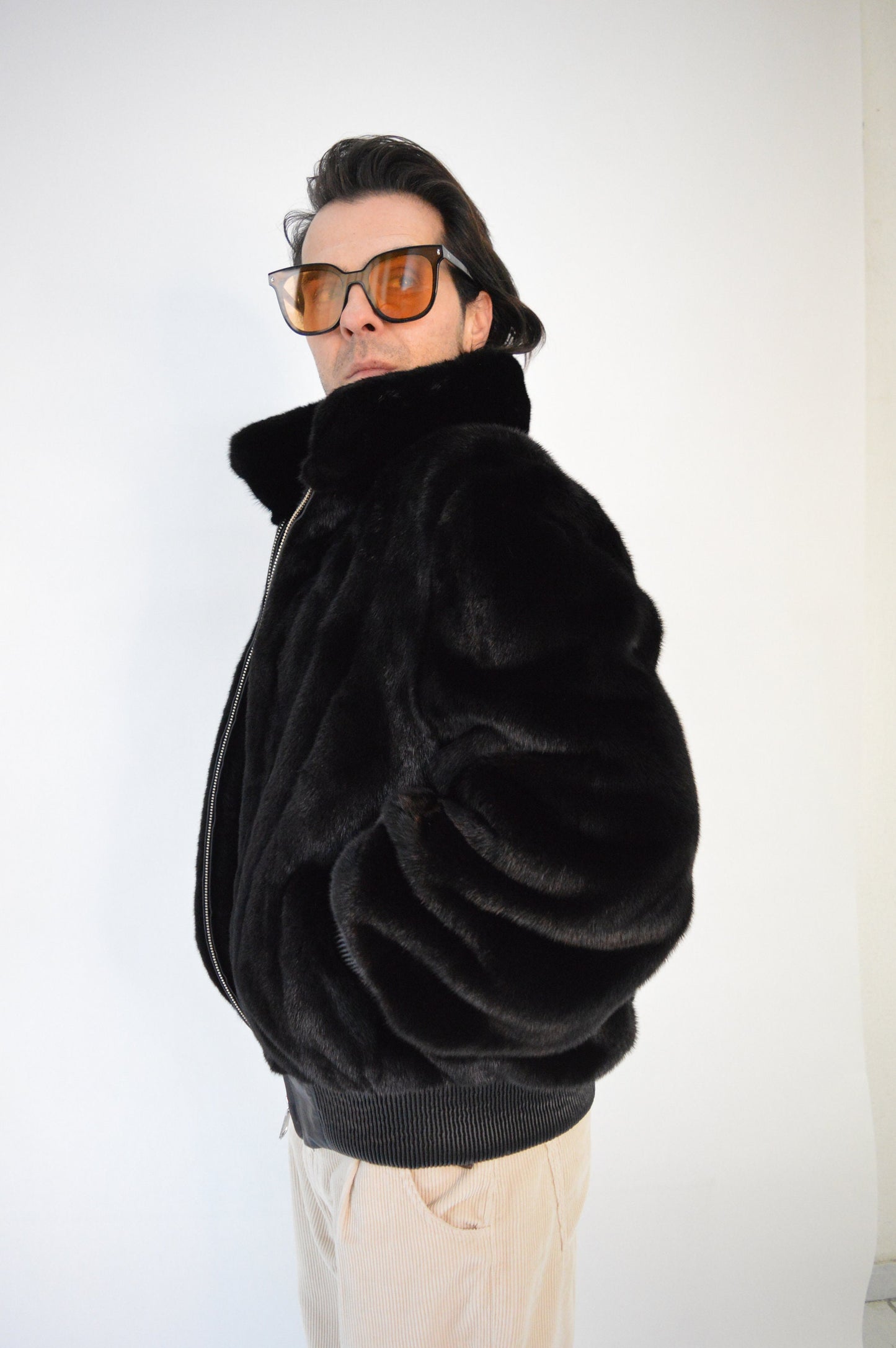 Velvet Mink Bomber Jacket: Black Saga velvet for men with Leather Details