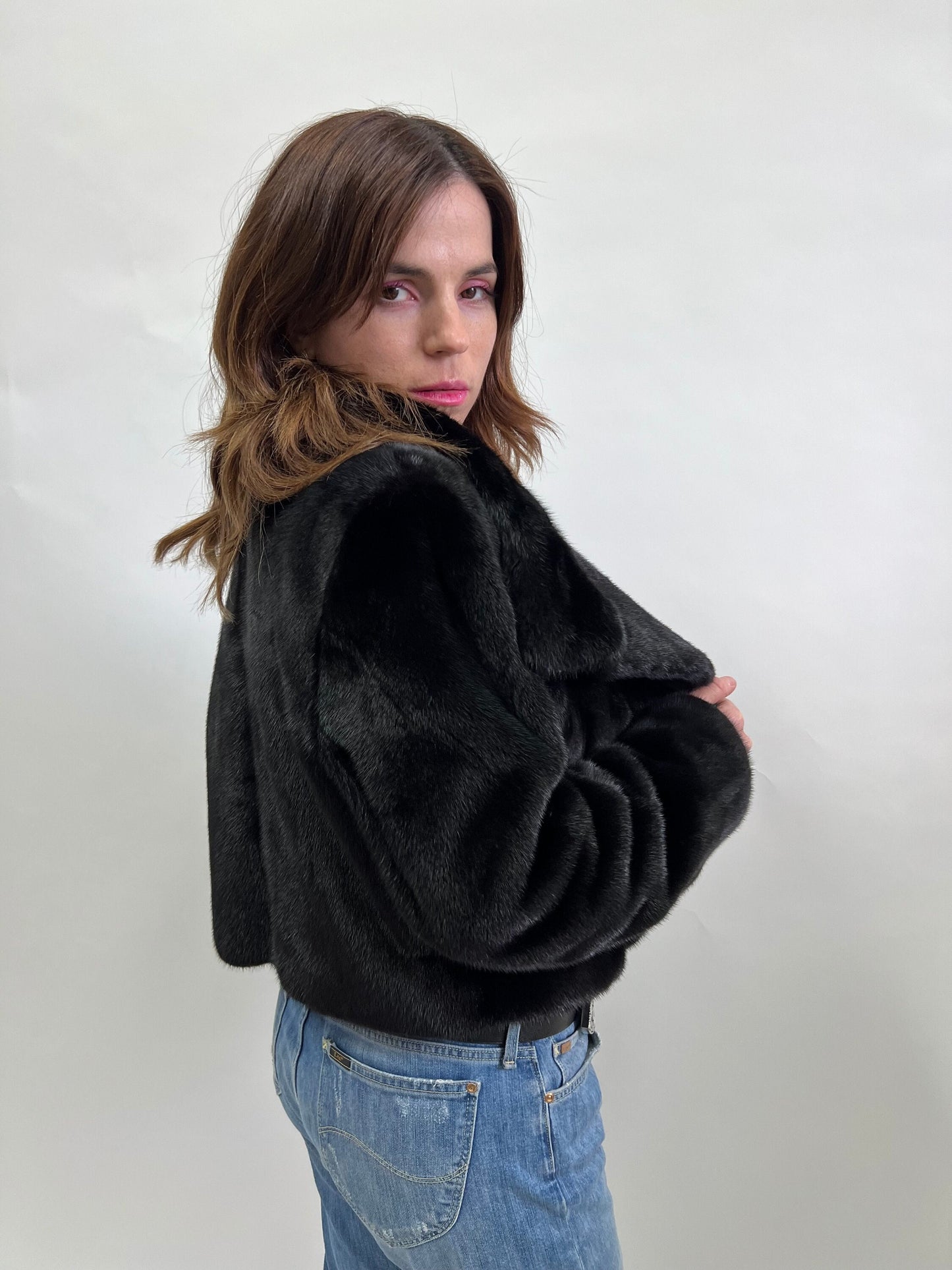 Mink Fur Bolero Jacket: Black Collared Copenhagen Fur, Size Small