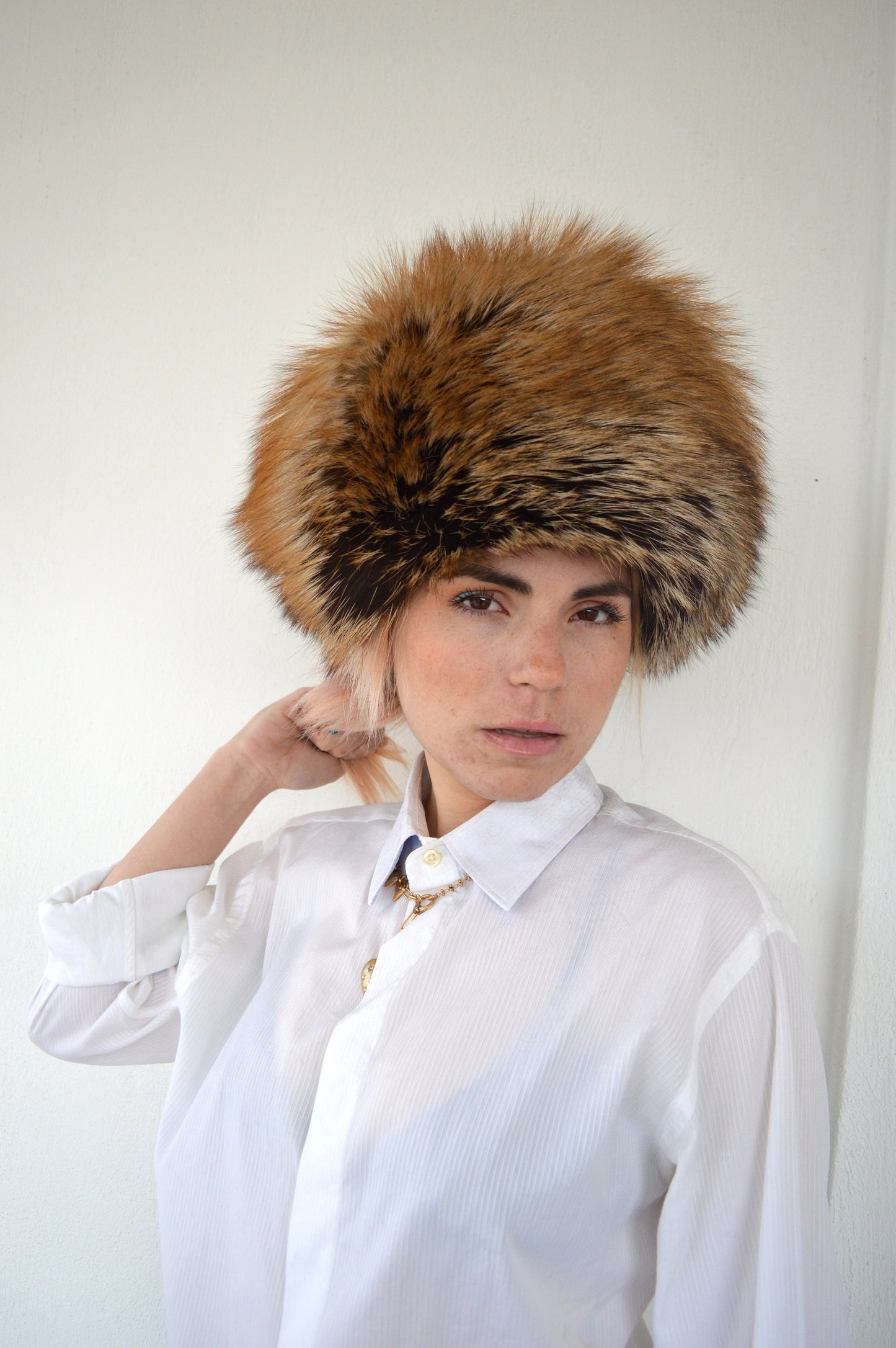 Real Golden Fox Fur Cossack Hat - Winter Head Warmer