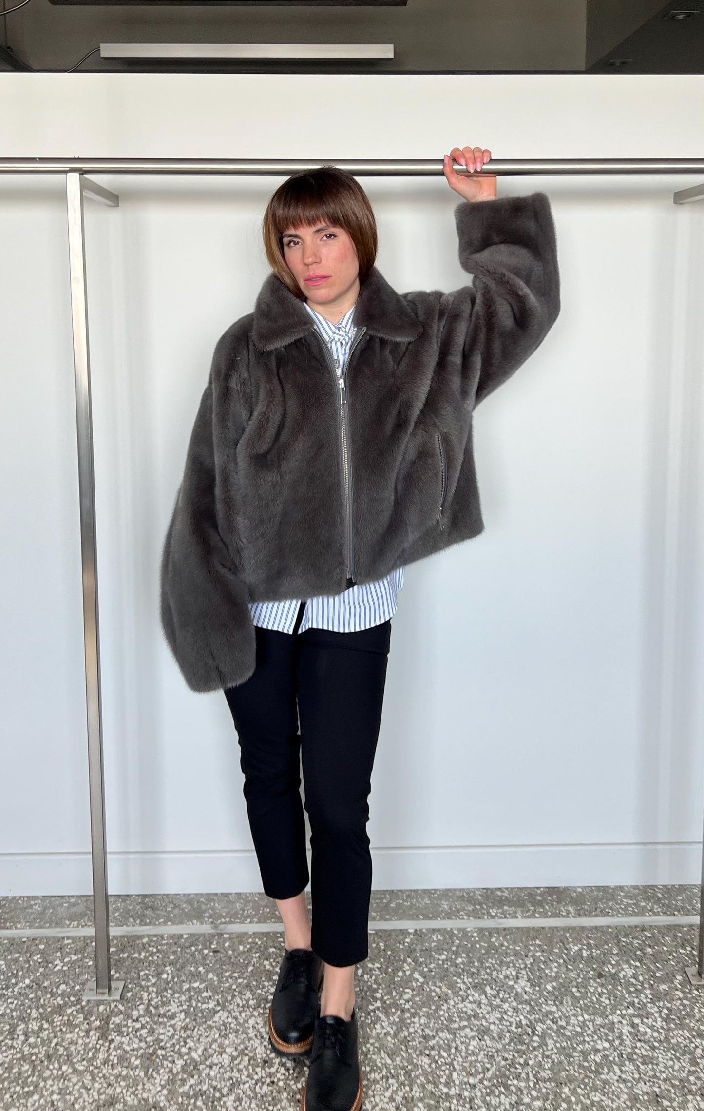Grey Mink Fur Jacket: Copenhagen Pelts, Boxy Style, Size 2XL